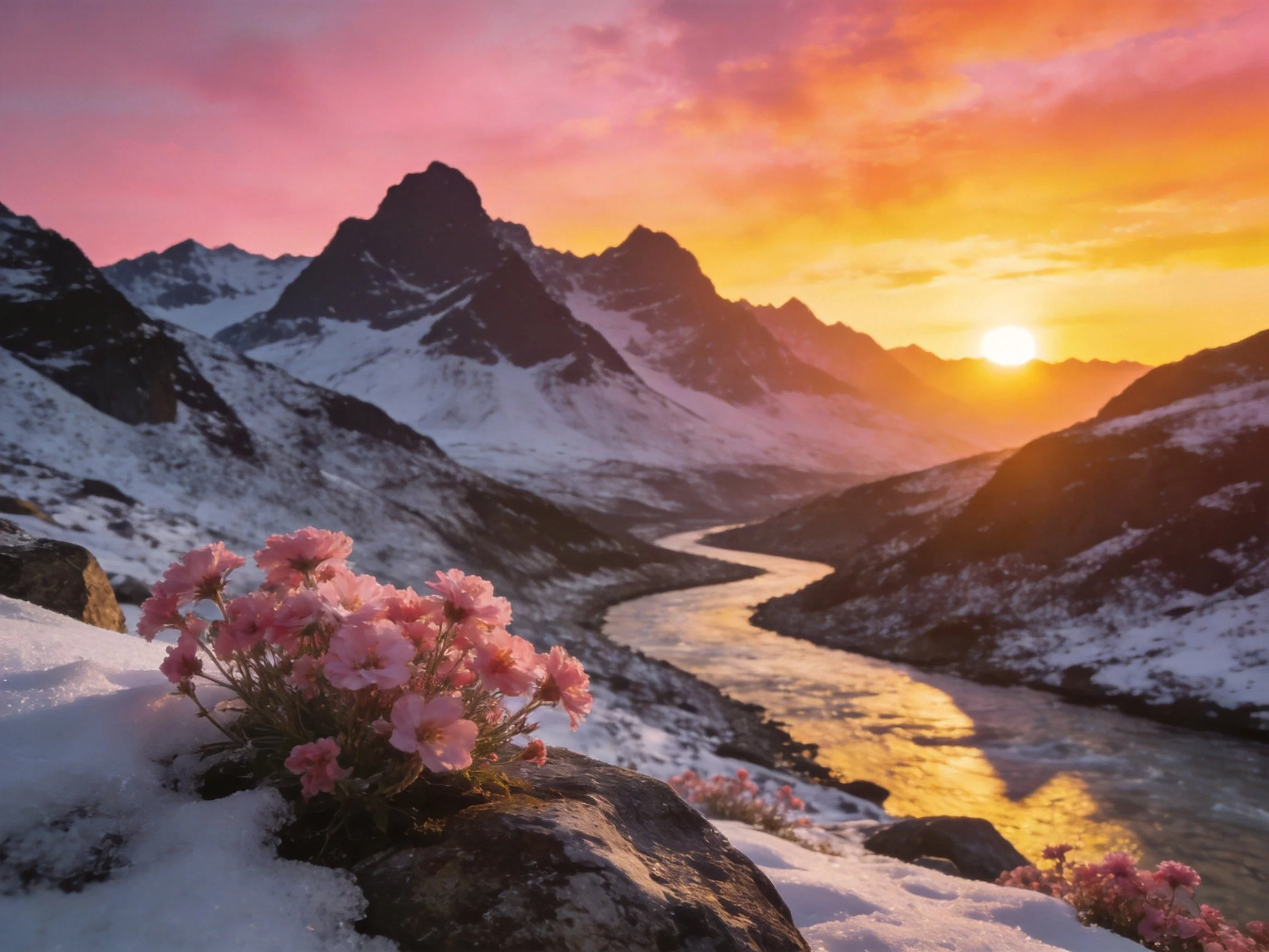 Snow-capped mountains, winding river, pink wildflowers at sunset