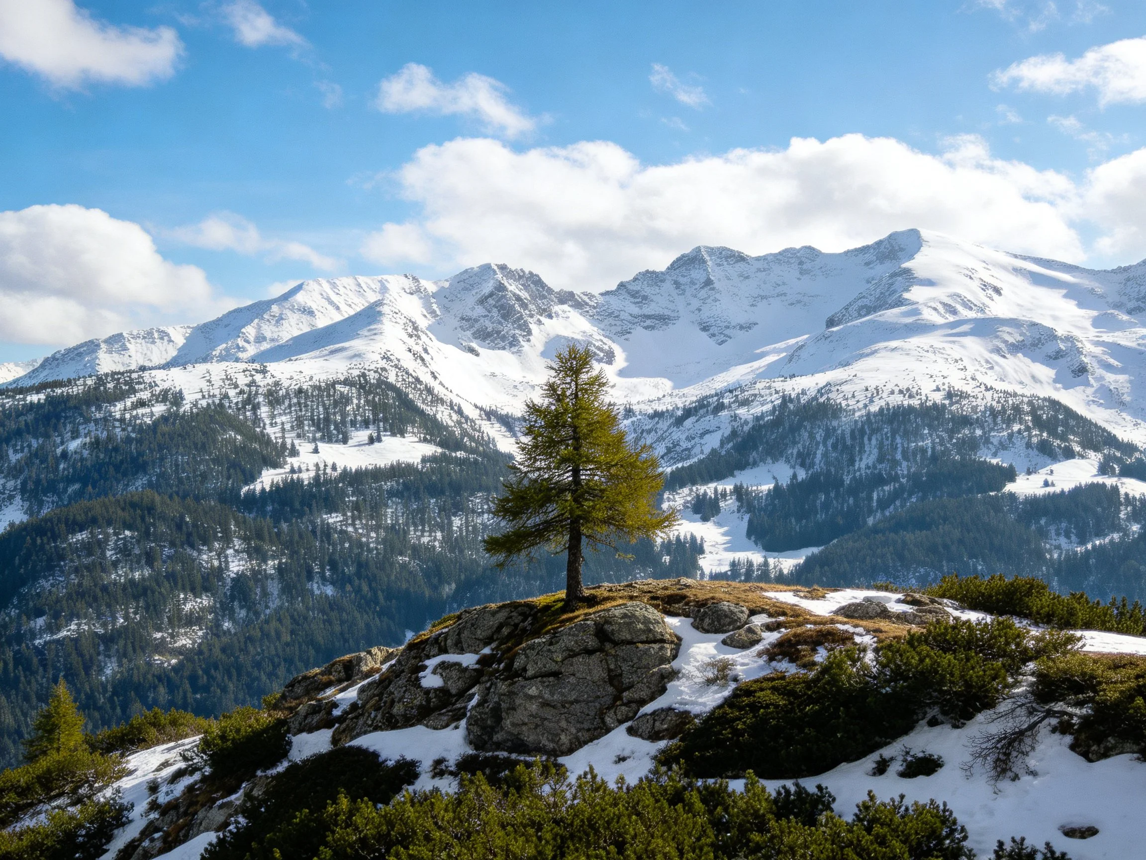 Snow-capped mountains with a lone tree on a rocky hillside