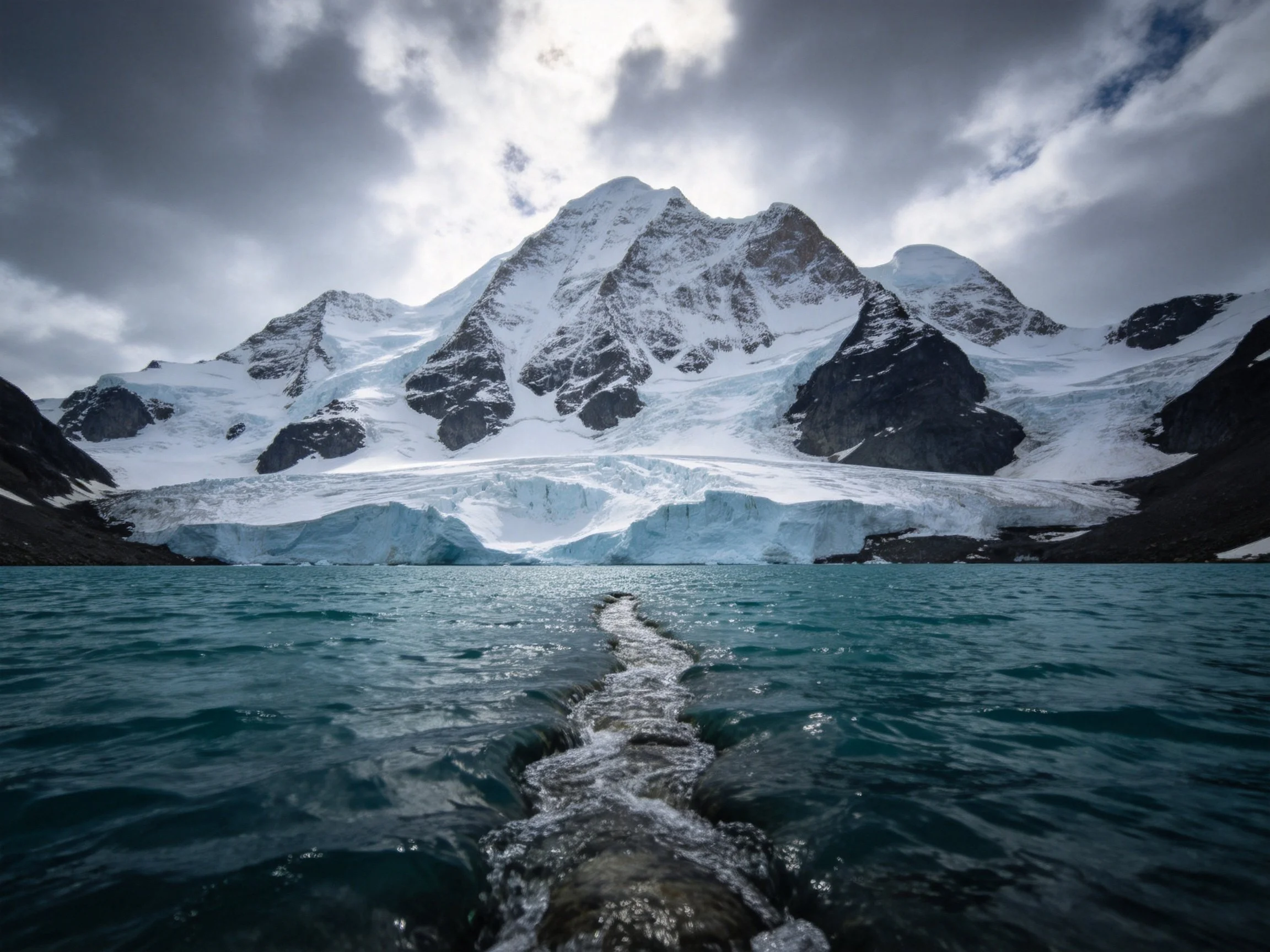 Snow-capped mountains with icy glacier and turquoise waters