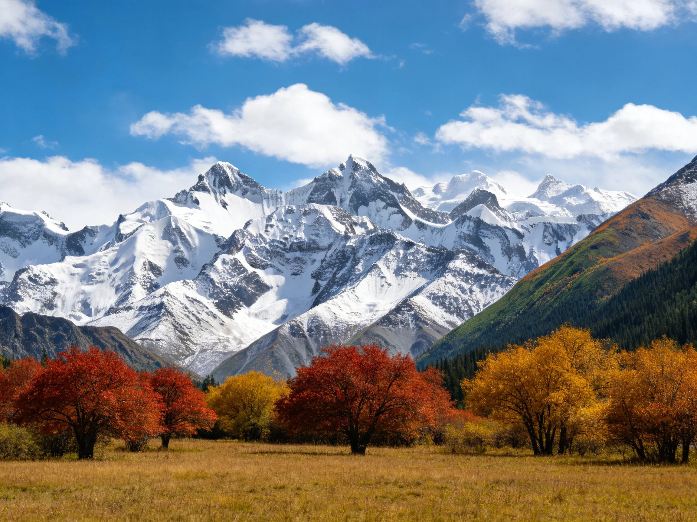 Snow - capped mountains with vibrant autumn trees and golden field