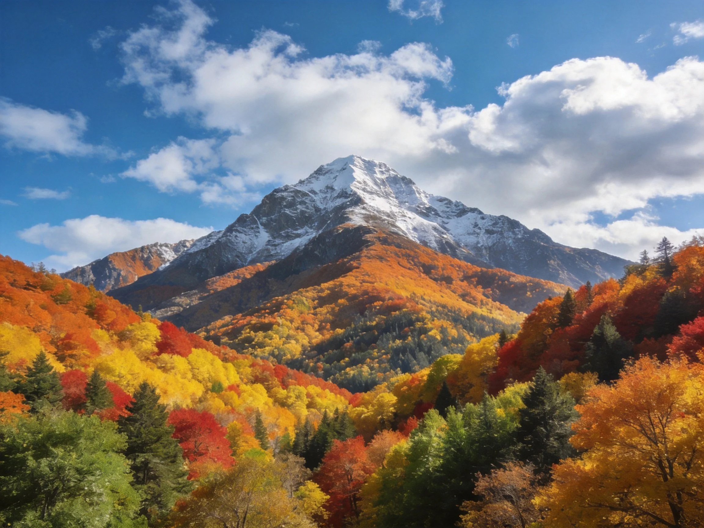 Snow - capped peak amidst vibrant autumn forests