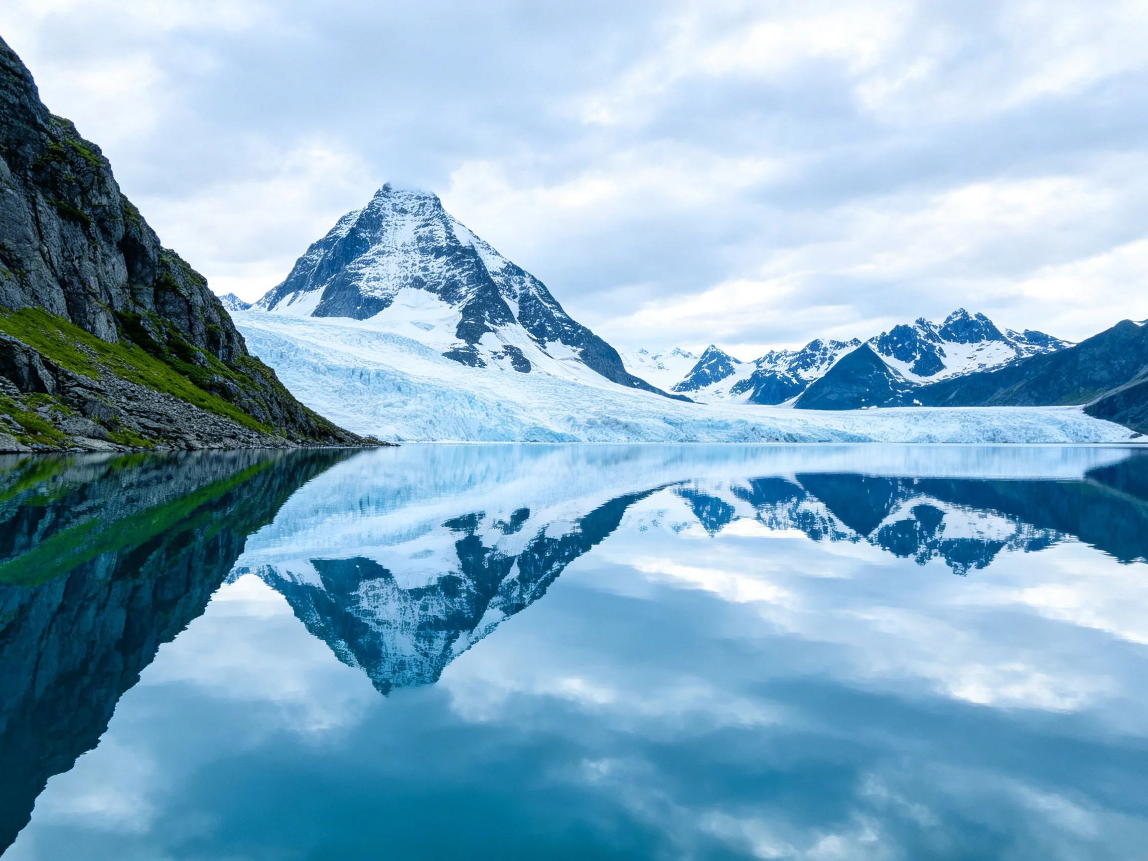 Snow-capped peak reflected in serene glacial lake near rocky slopes