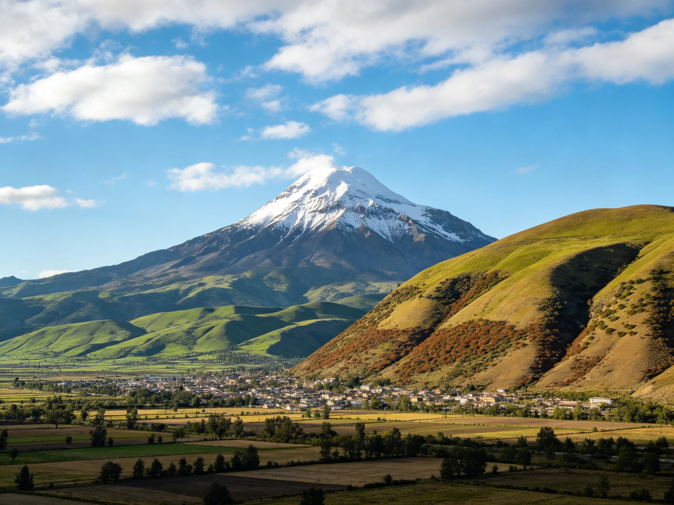 Snow-capped peak towers over verdant hills and rural settlement