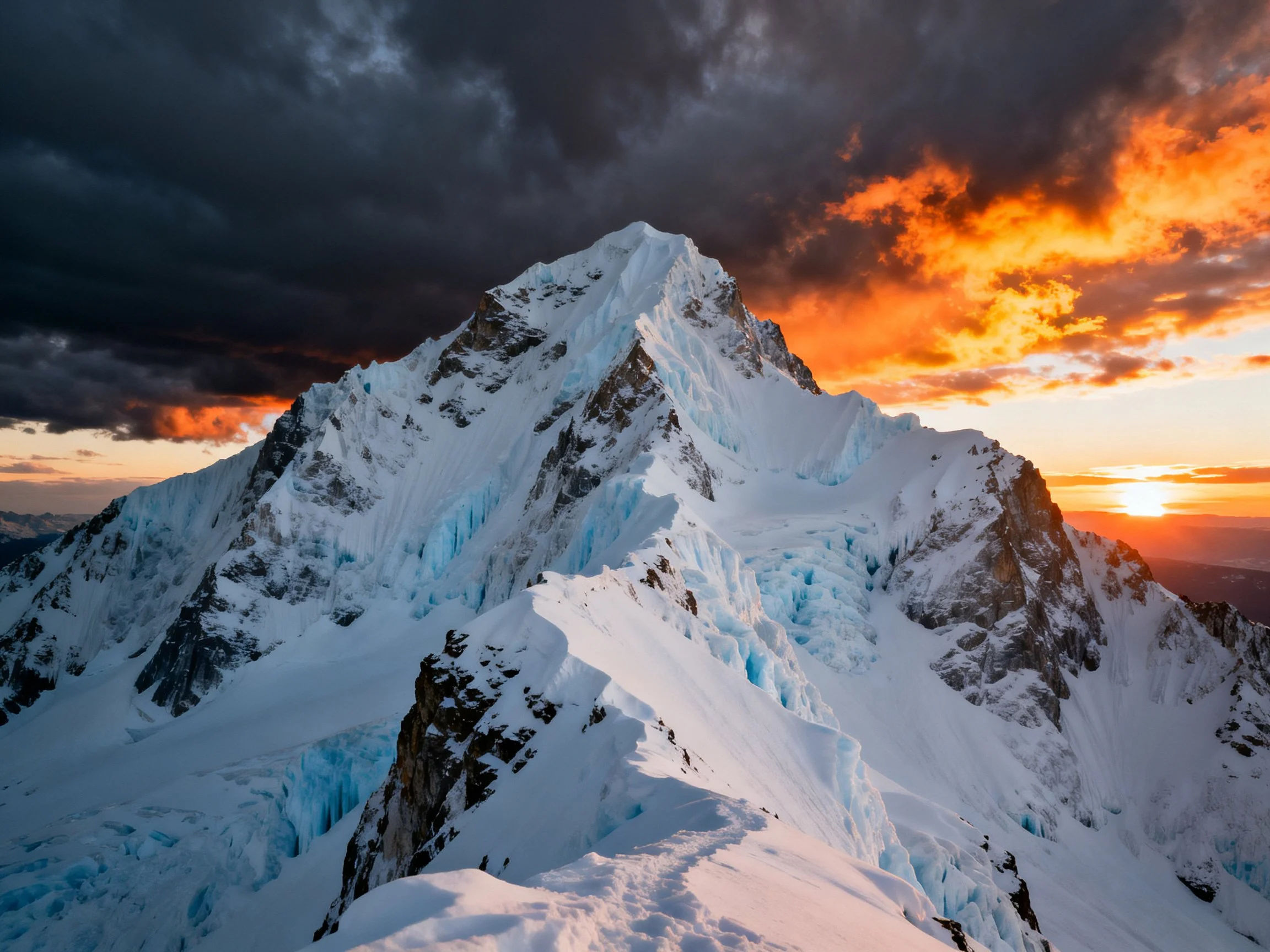 Snow-capped peak with dramatic sunset sky