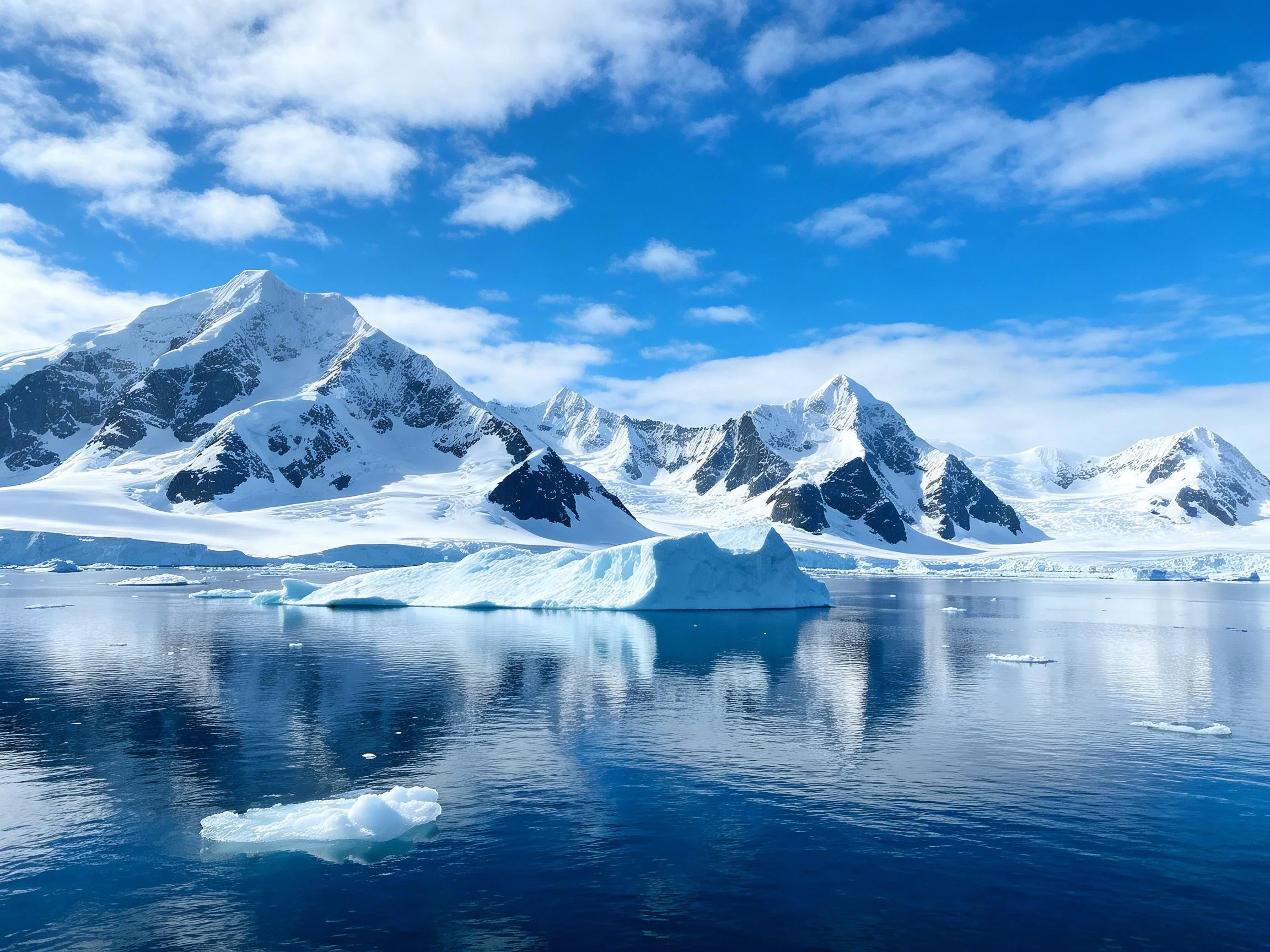Snow - capped peaks and icy waters under bright blue sky