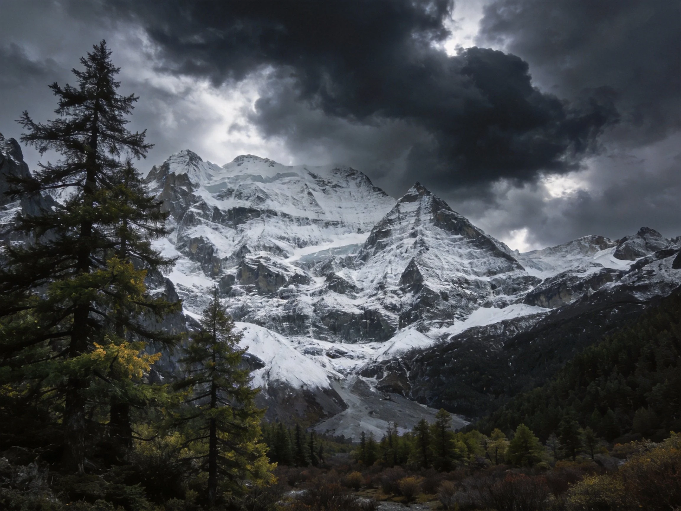 Snow-capped peaks beneath ominous storm clouds with forested valley below