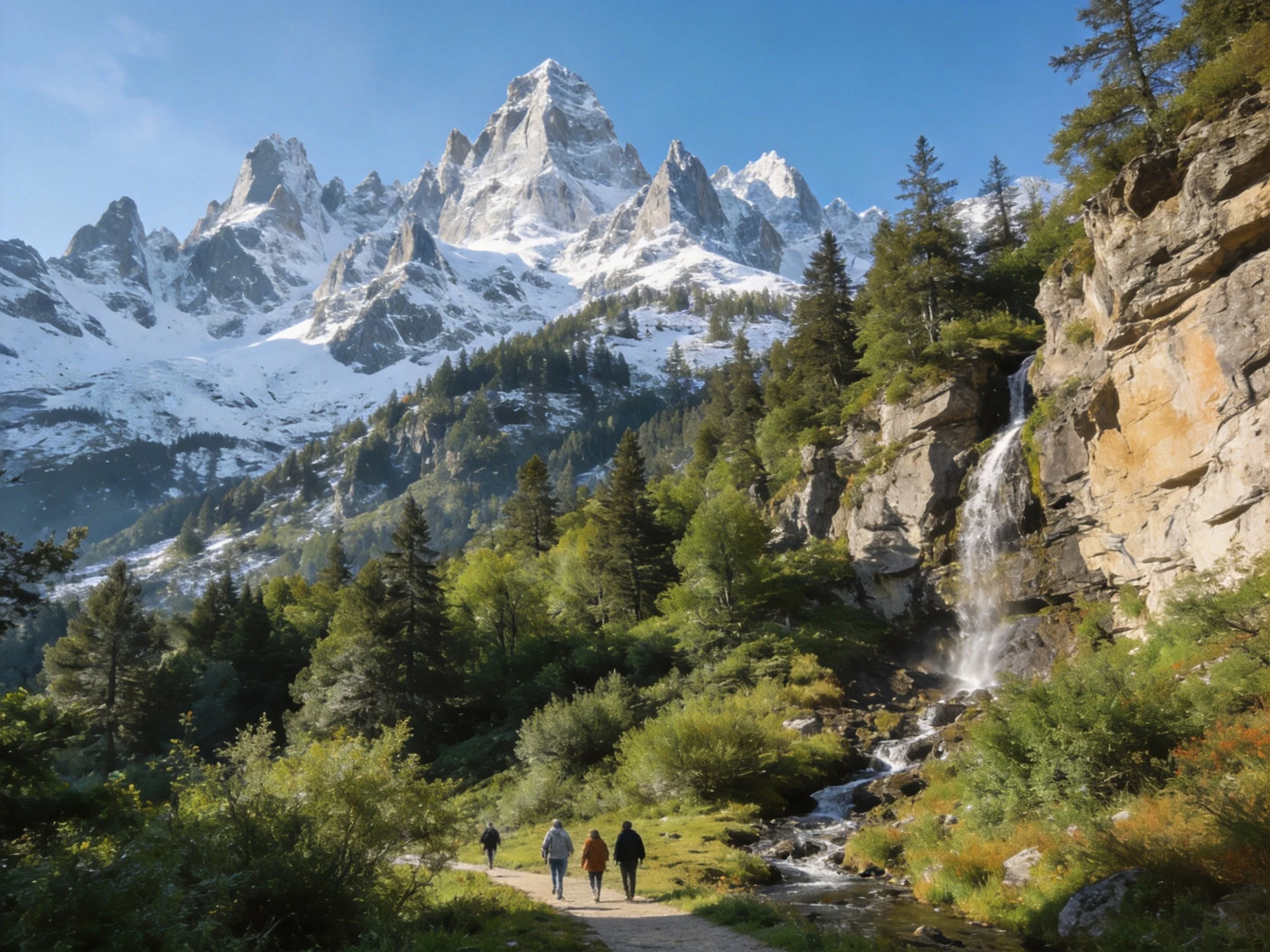 Snow-capped peaks, cascading waterfall, hikers traverse lush forest valley
