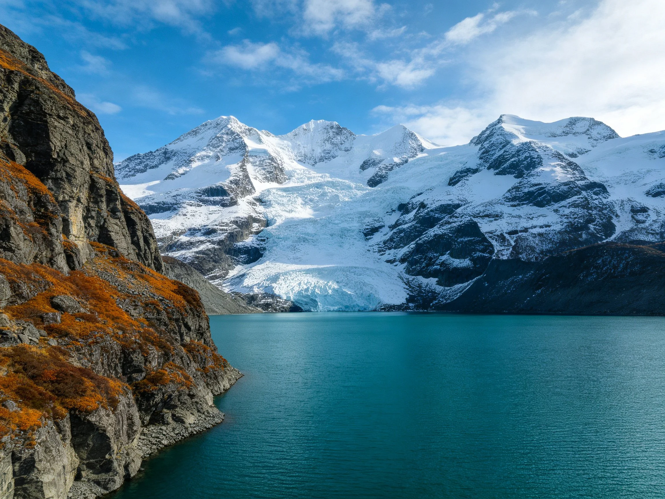 Snow-capped peaks frame turquoise glacial lake with rocky cliffs