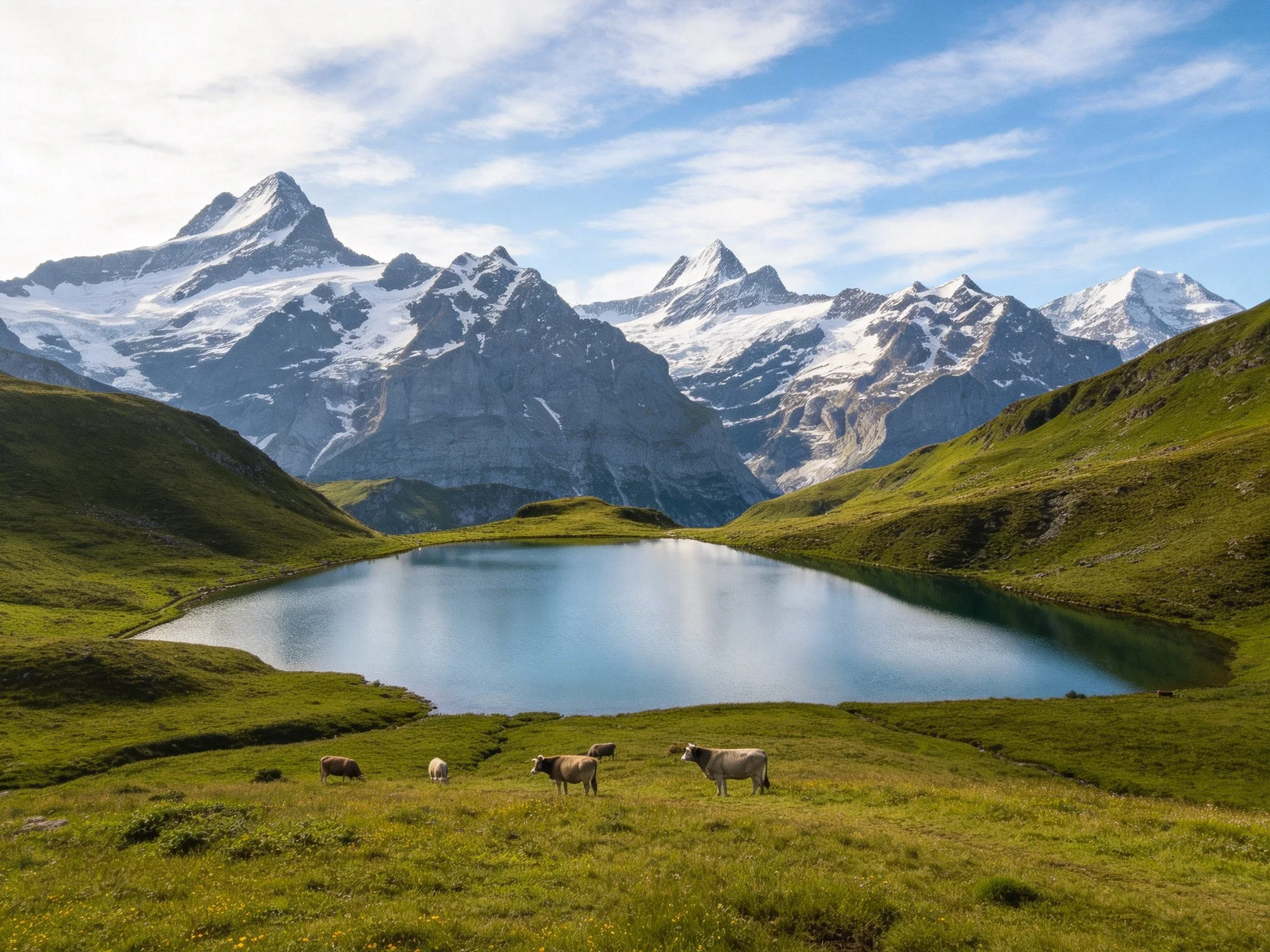 Snow-capped peaks overlook a serene alpine lake with grazing cattle