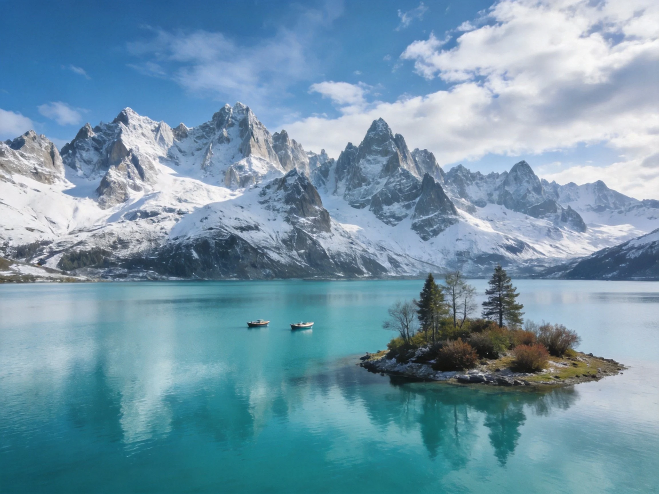 Snow - capped peaks overlook a turquoise lake with an island and boats