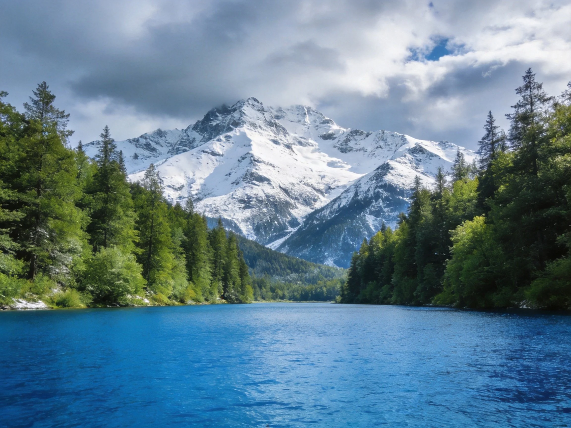 Snow-capped peaks overlook a vibrant blue lake framed by evergreen forests