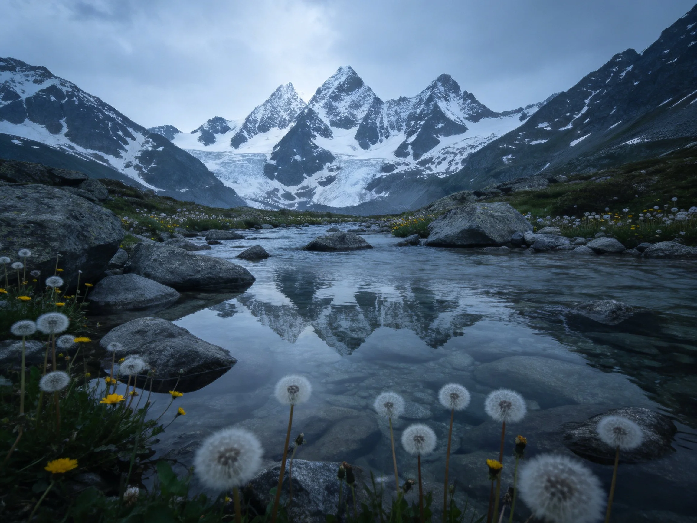 Snow-capped peaks reflect in a mountain stream with dandelions