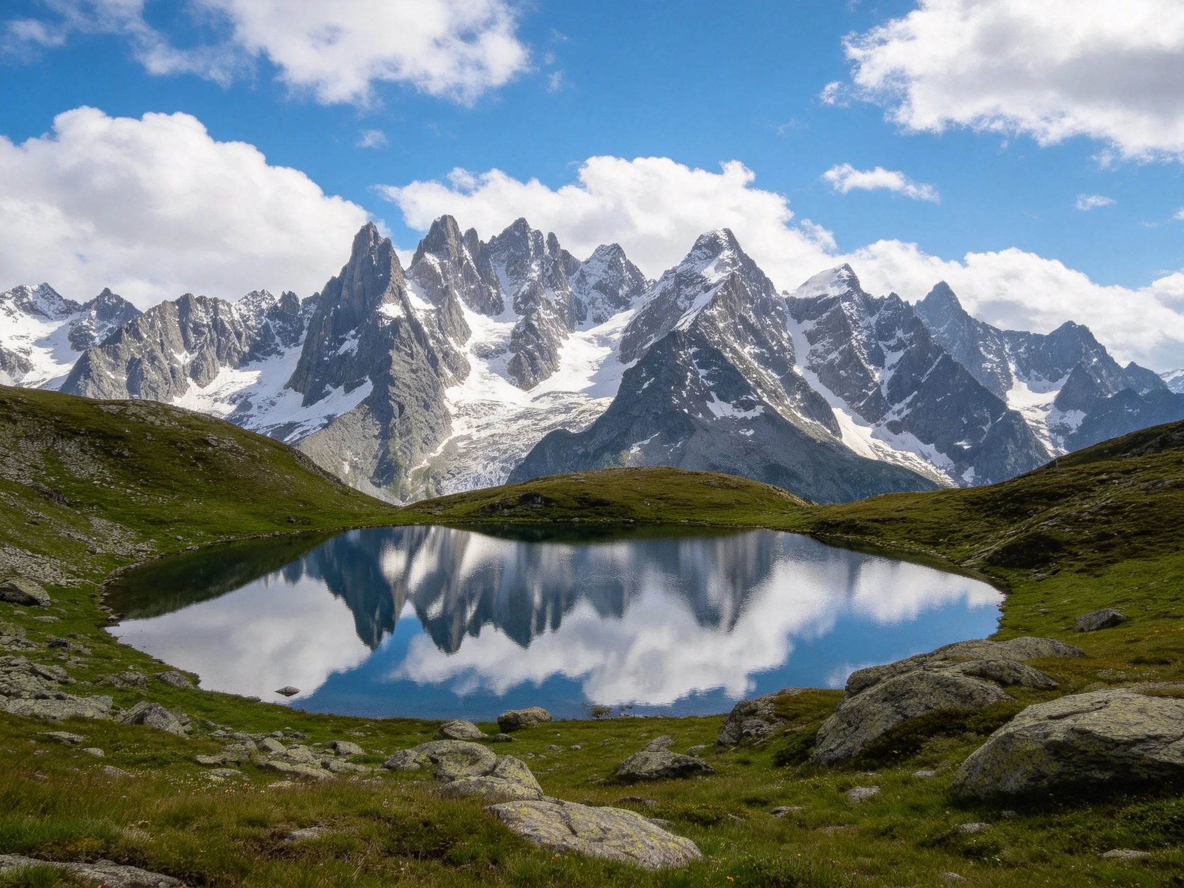 Snow-capped peaks reflect in a serene alpine lake
