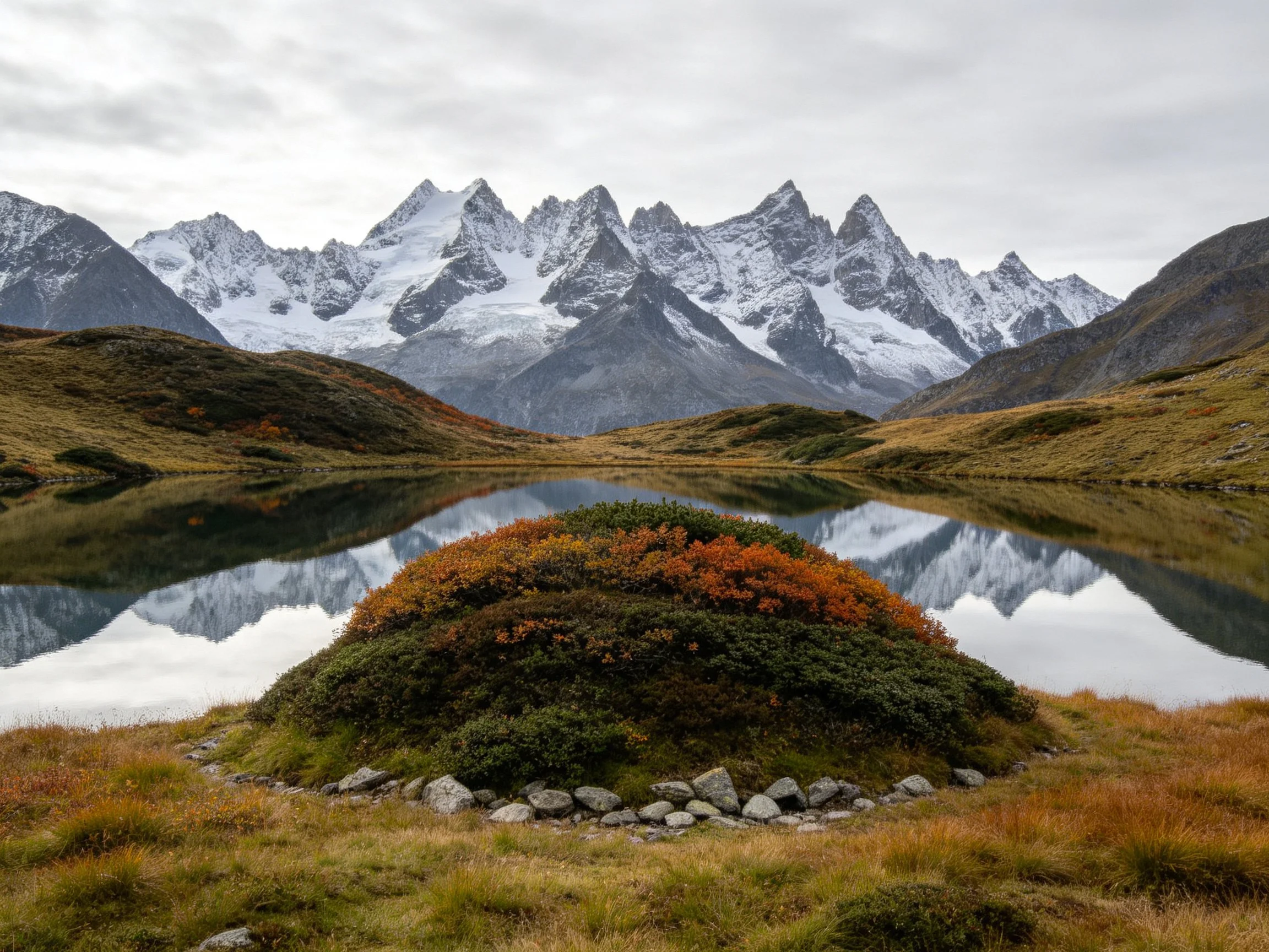 Snow-capped peaks reflect in a serene alpine lake with autumn shrubs