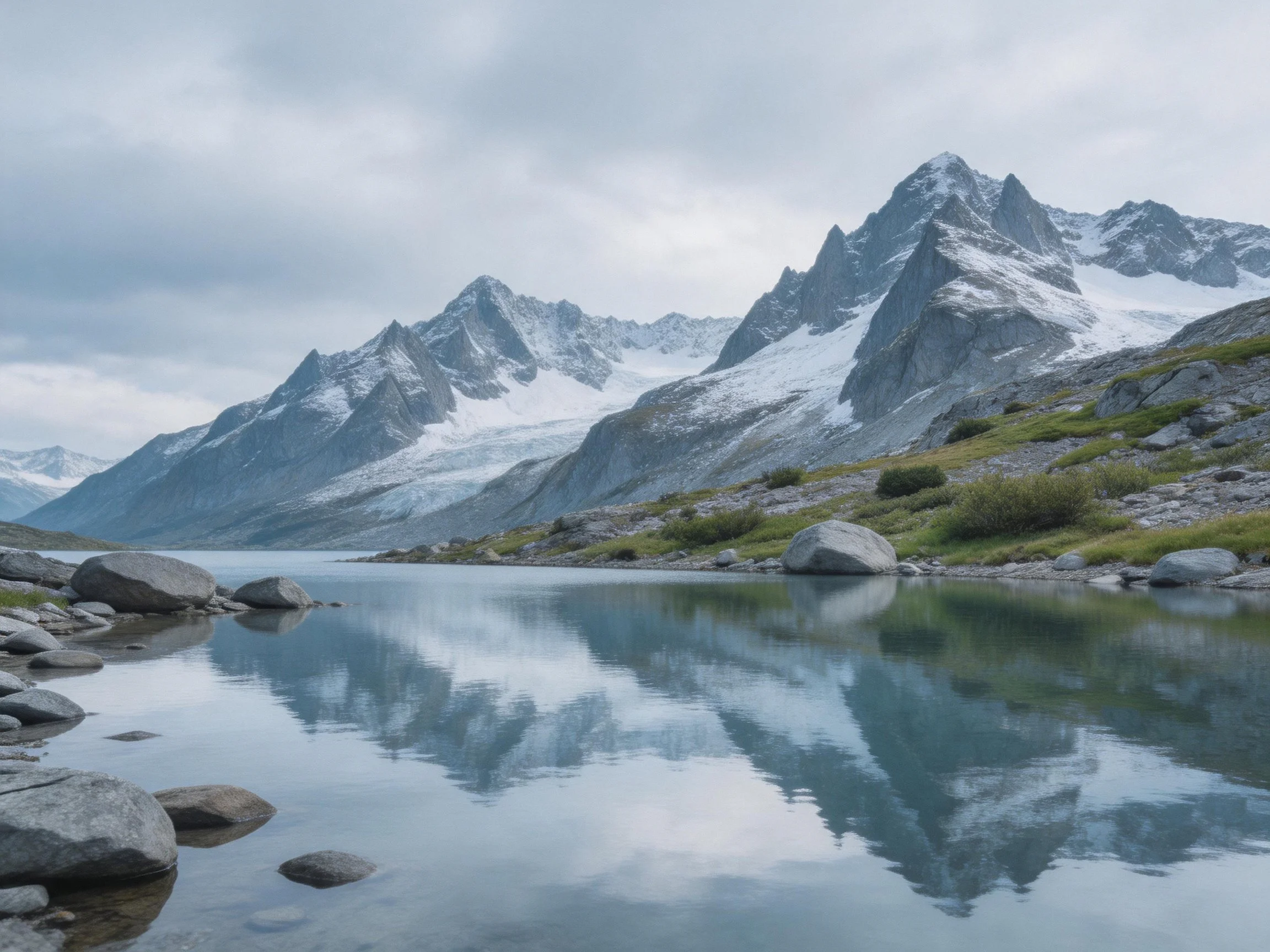 Snow-capped peaks reflect in a tranquil alpine lake with rocky shores