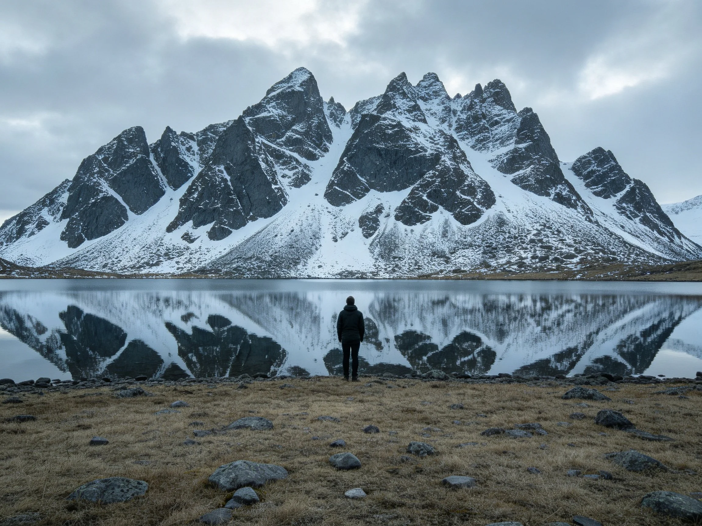 Snow-capped peaks reflect in calm mountain lake with lone figure