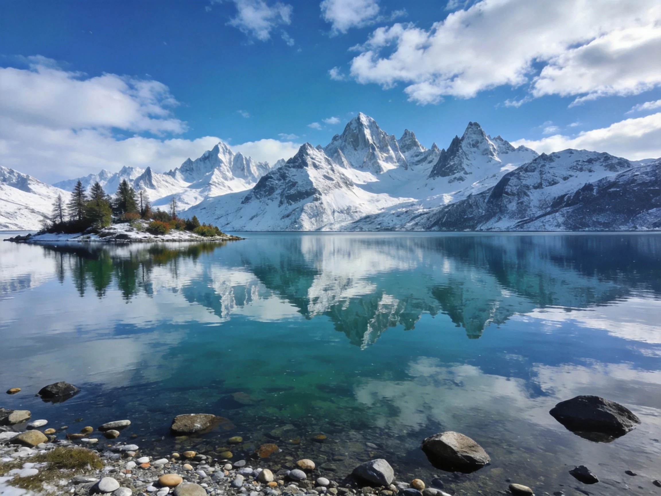 Snow - capped peaks reflect in turquoise lake with rocky shoreline