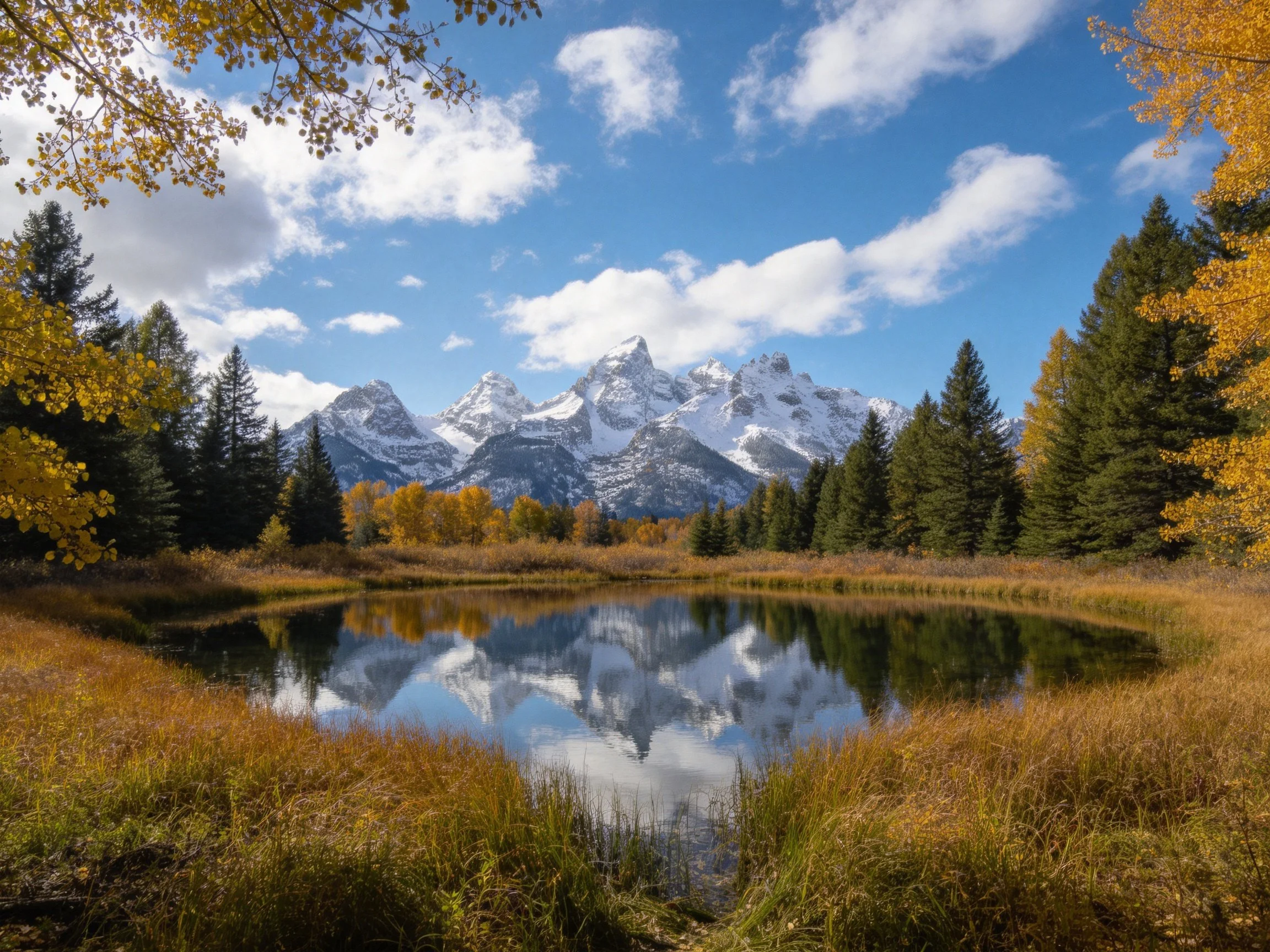 Snow - capped peaks reflected in a peaceful autumn lake