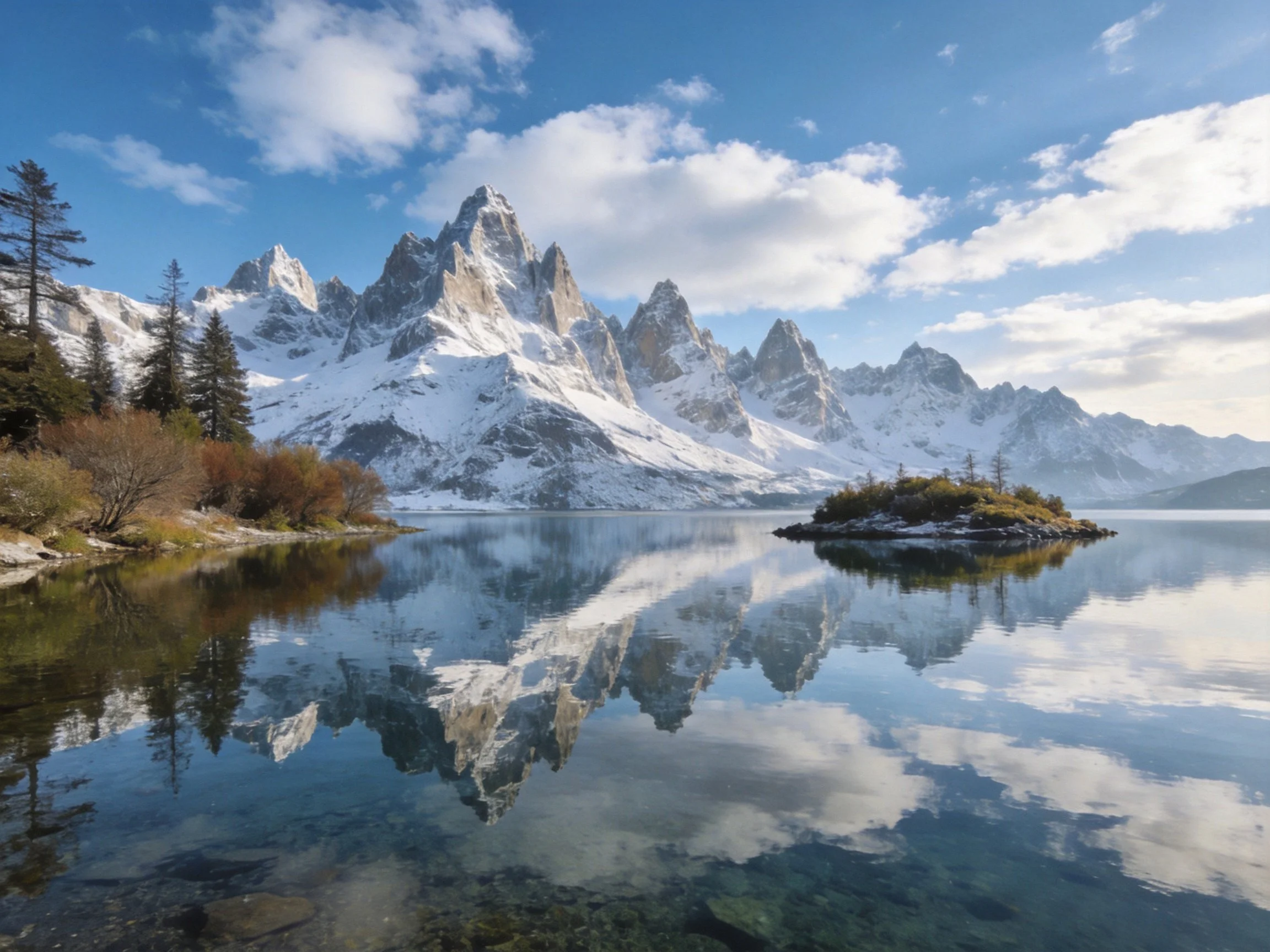 Snow-capped peaks reflected in serene alpine lake