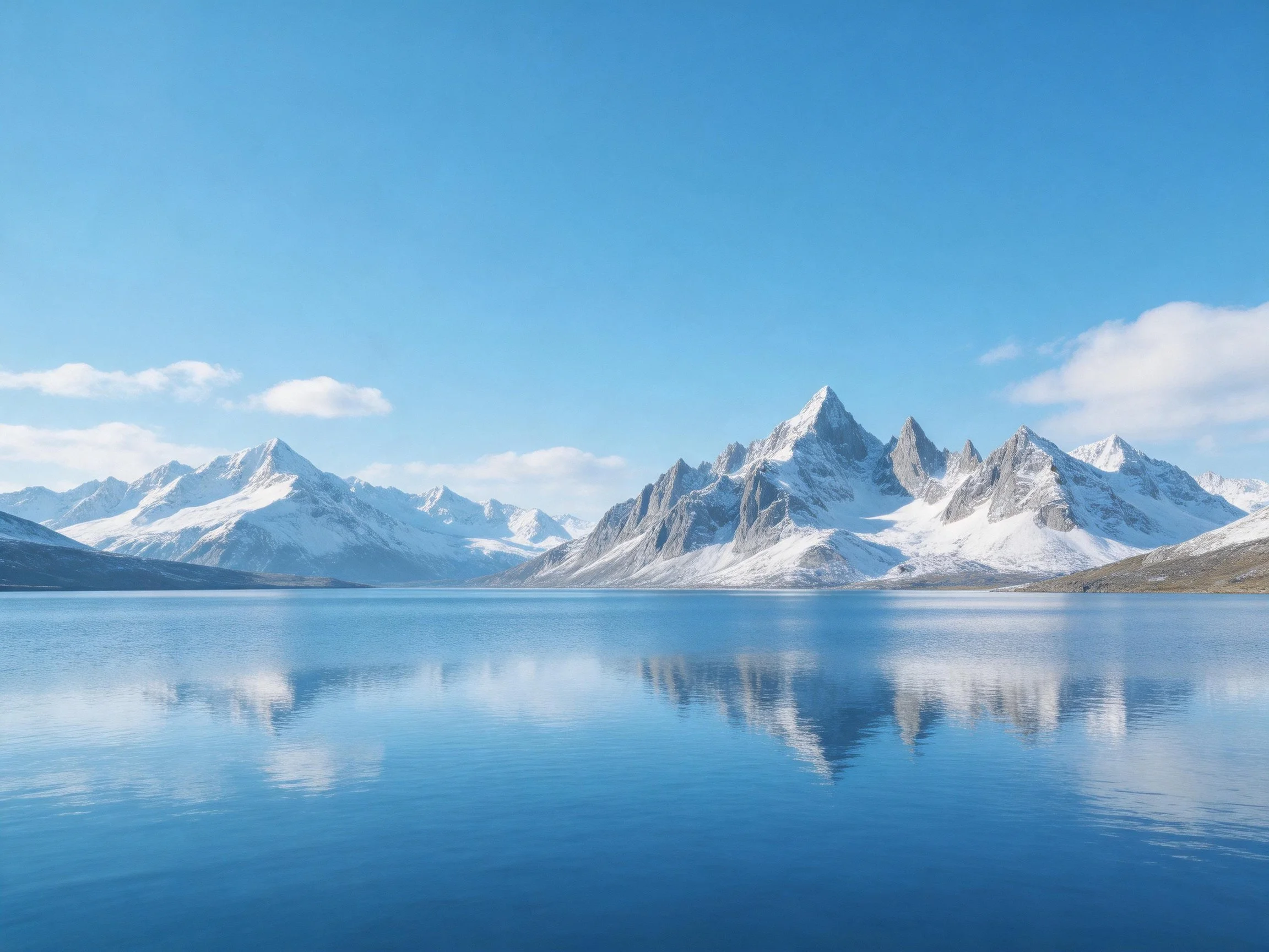 Snow-capped peaks reflected in tranquil blue lake waters