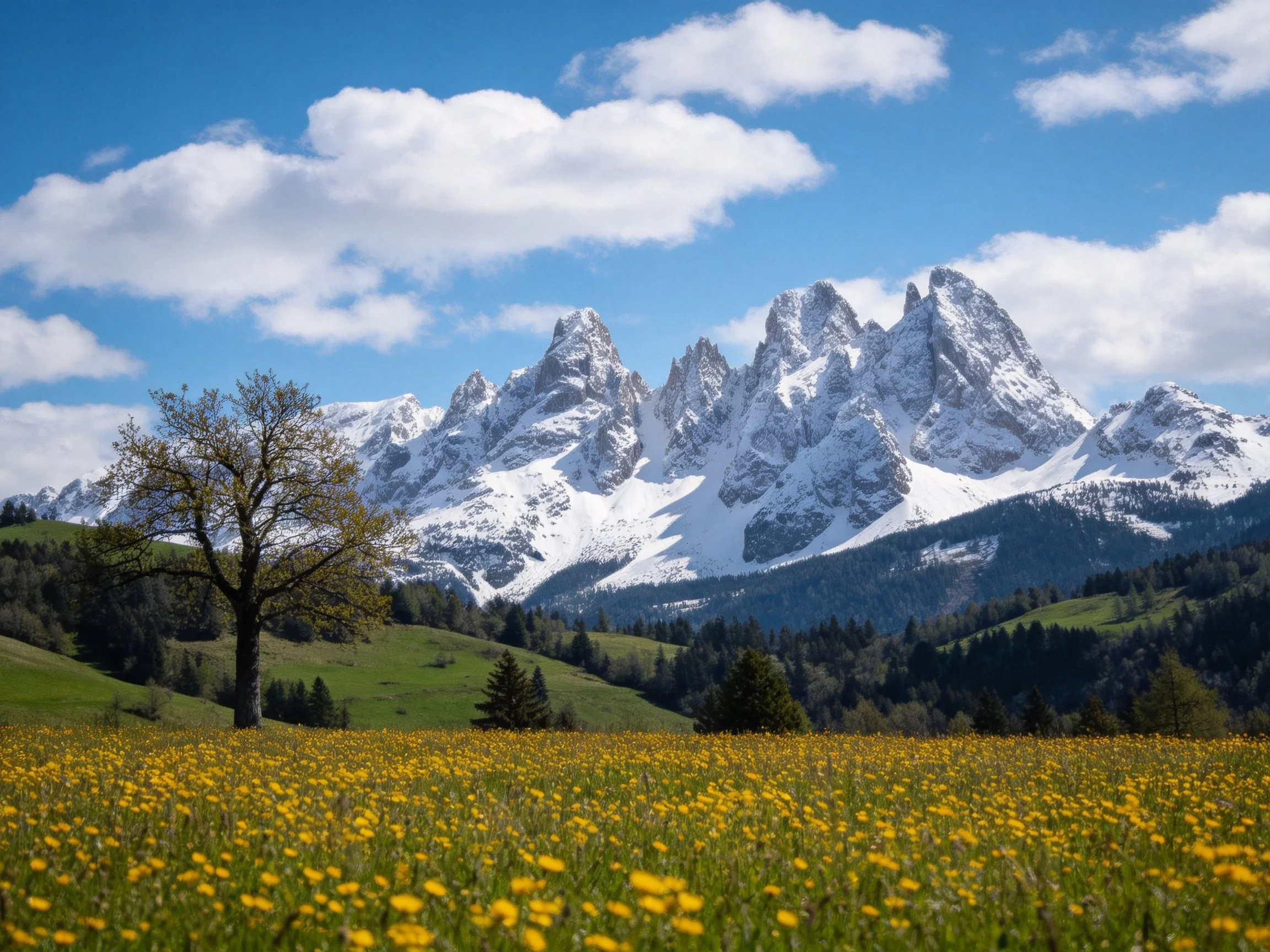 Snow-capped peaks rise above a yellow-flowered meadow with a lone tree
