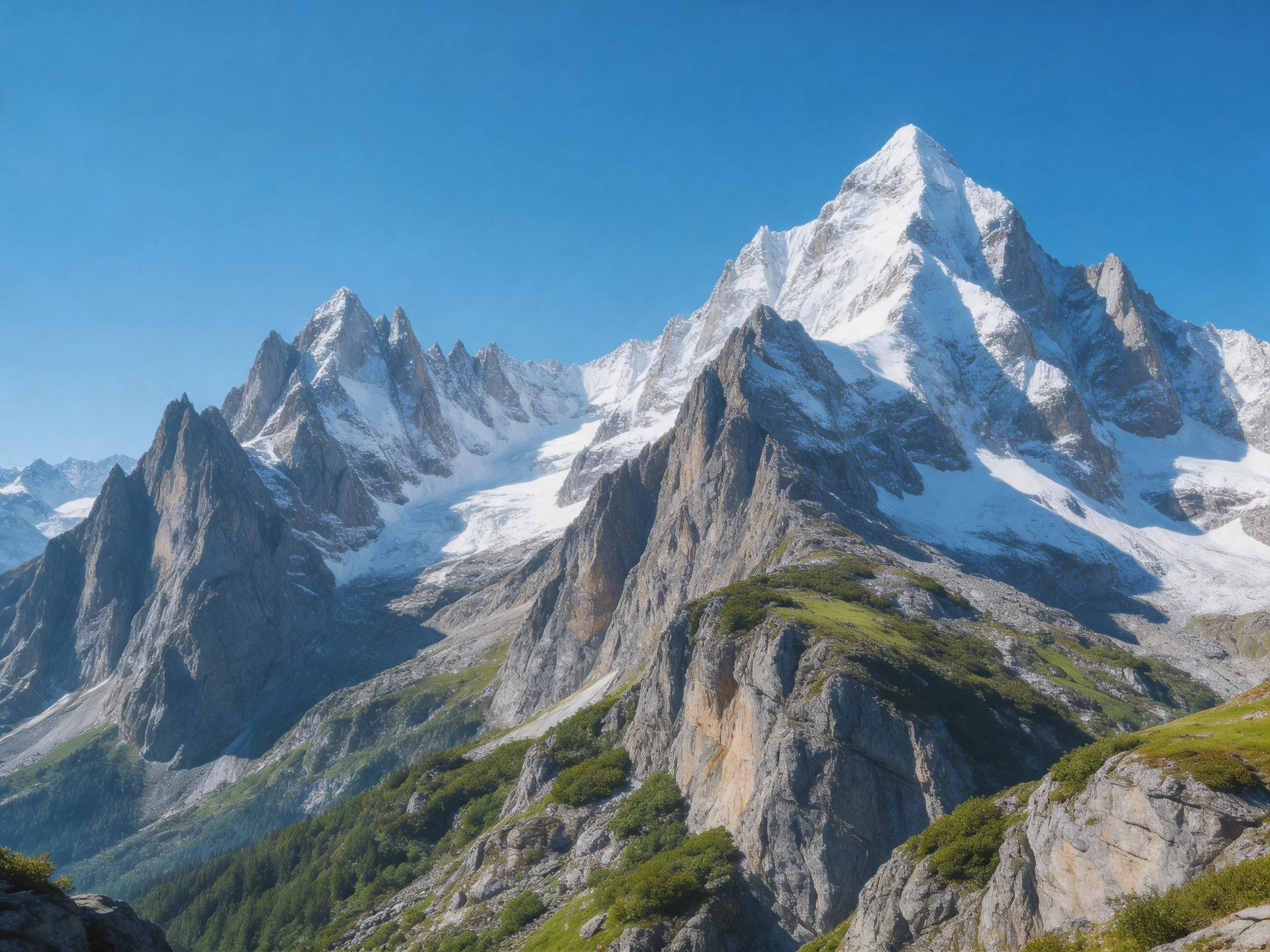 Snow-capped peaks rise dramatically amid rugged rocky terrain with green valleys