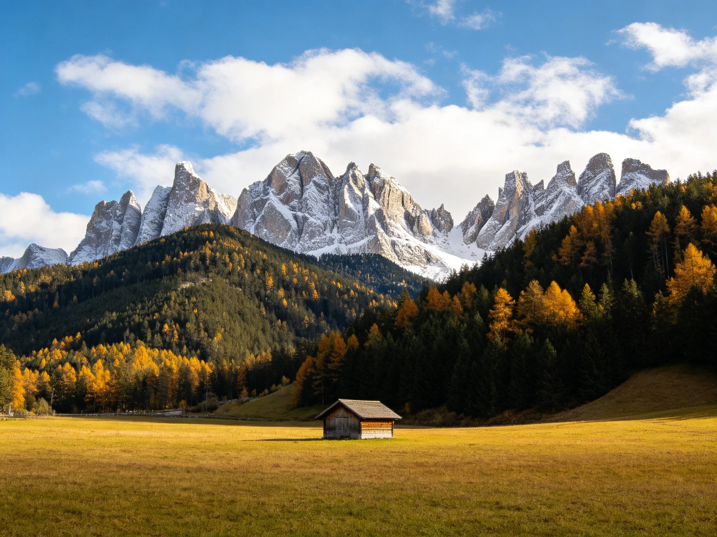 Snow-capped peaks rise over golden forests near a solitary cabin
