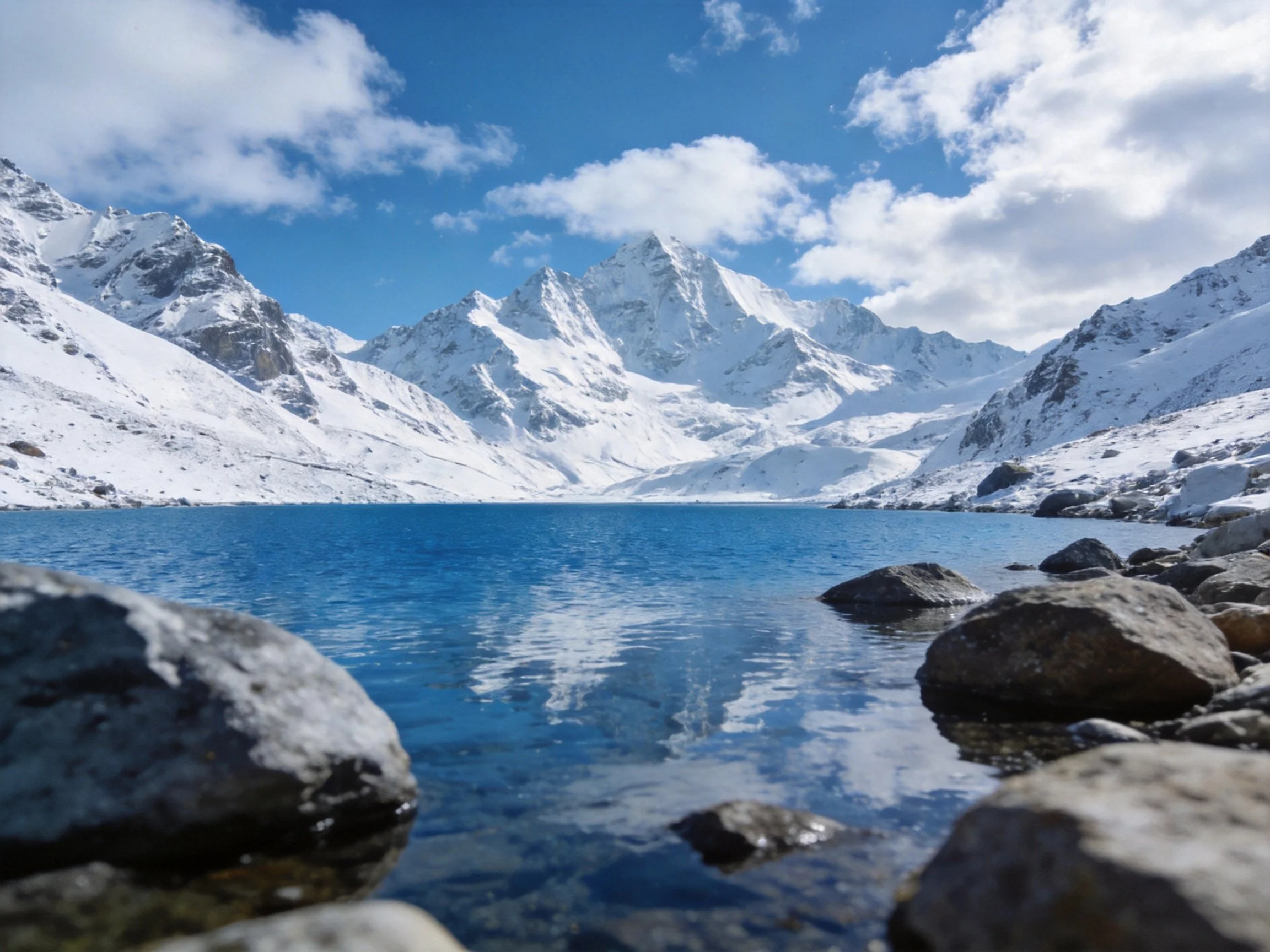 Snow-capped peaks surround a vibrant blue alpine lake with rocky shores