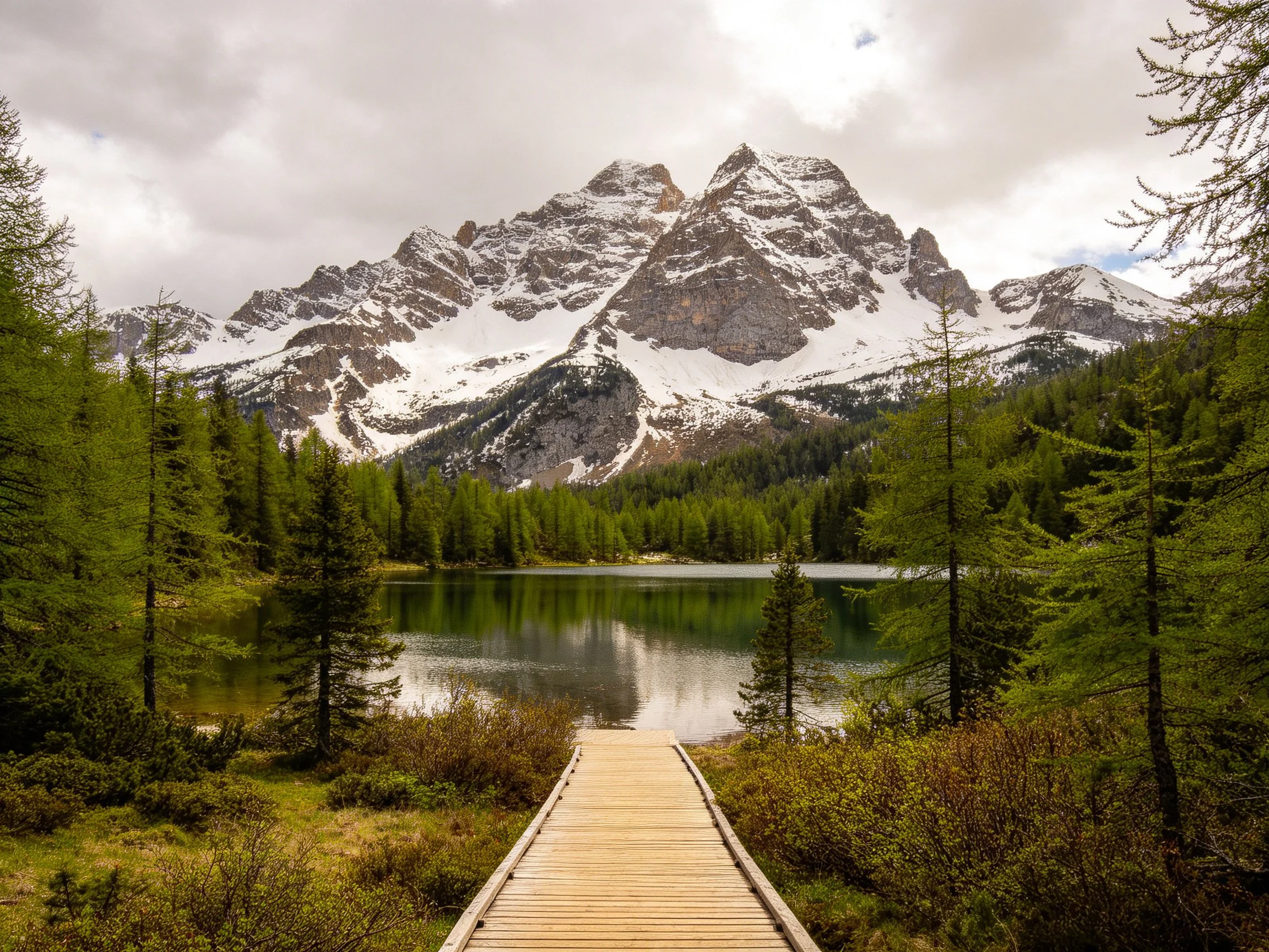 Snow-capped peaks tower above a forest-fringed alpine lake with wooden walkway