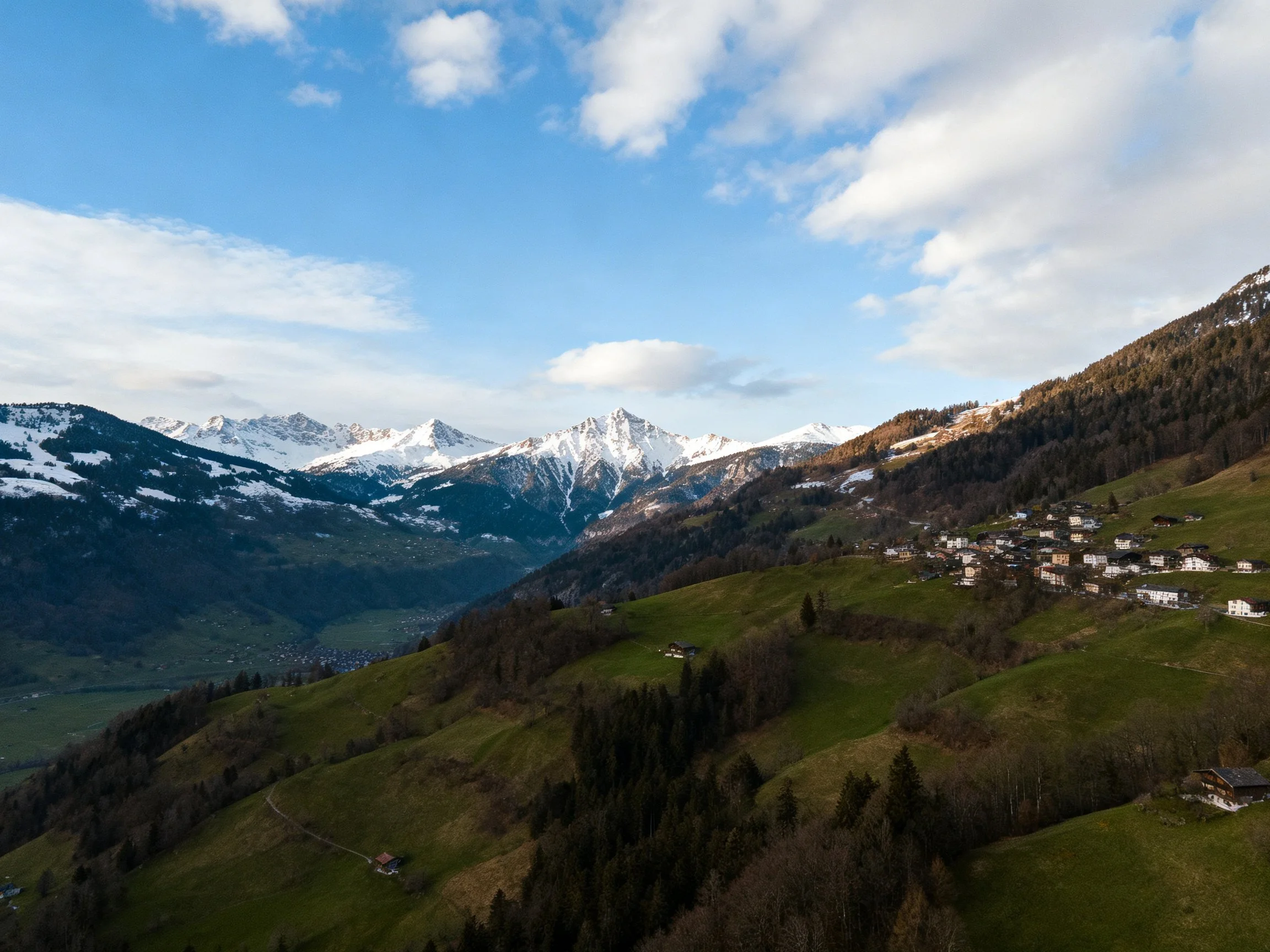 Snow-capped peaks tower over a lush green valley with scattered homes