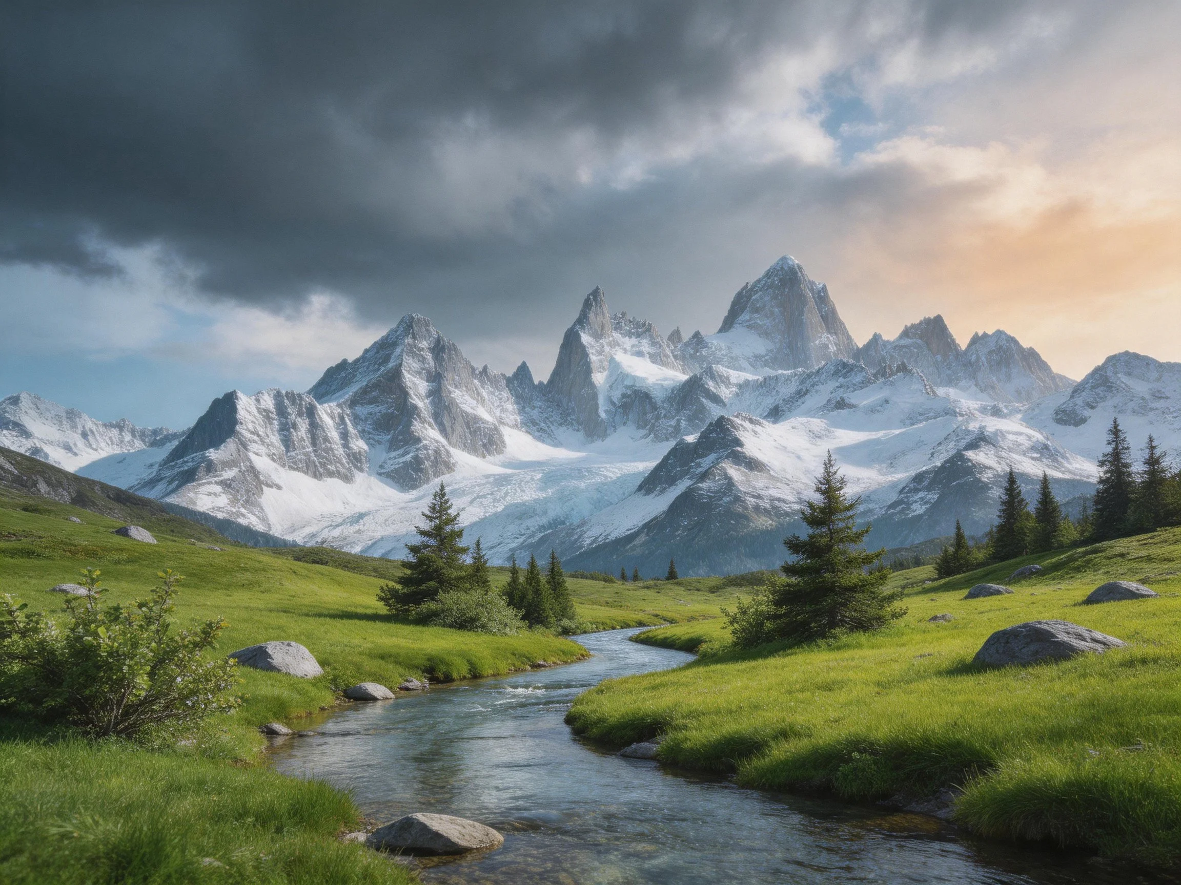Snow - capped peaks tower over a lush valley with a winding stream