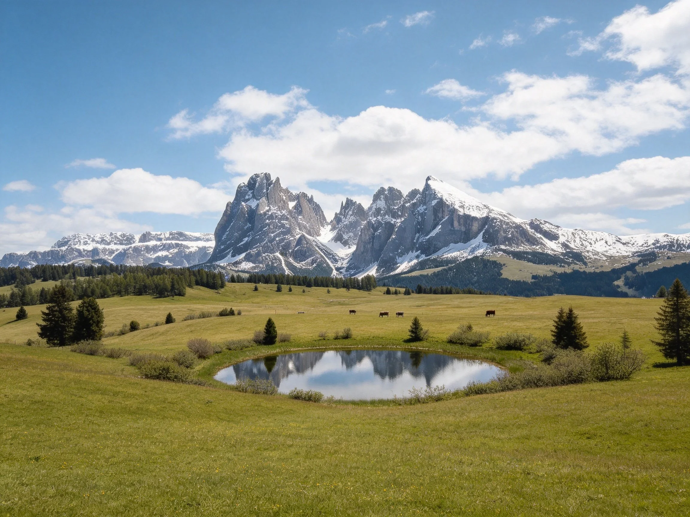 Snow-capped peaks tower over a reflective pond in a lush alpine meadow