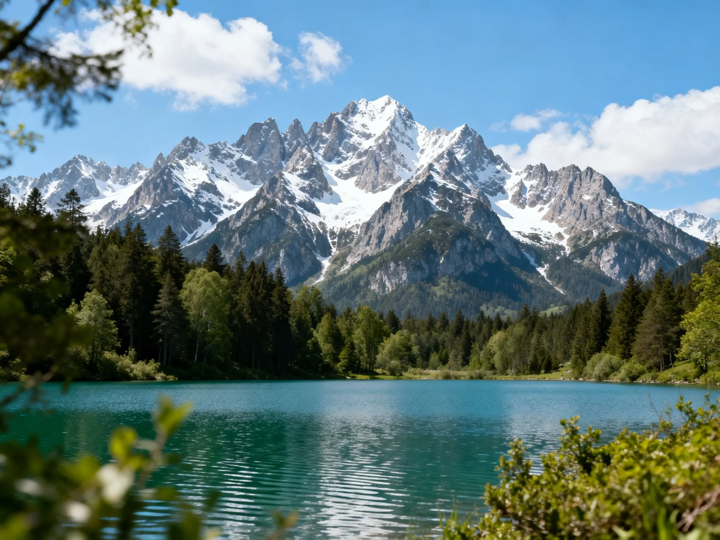 Snow - capped peaks tower over a turquoise alpine lake with lush green forests