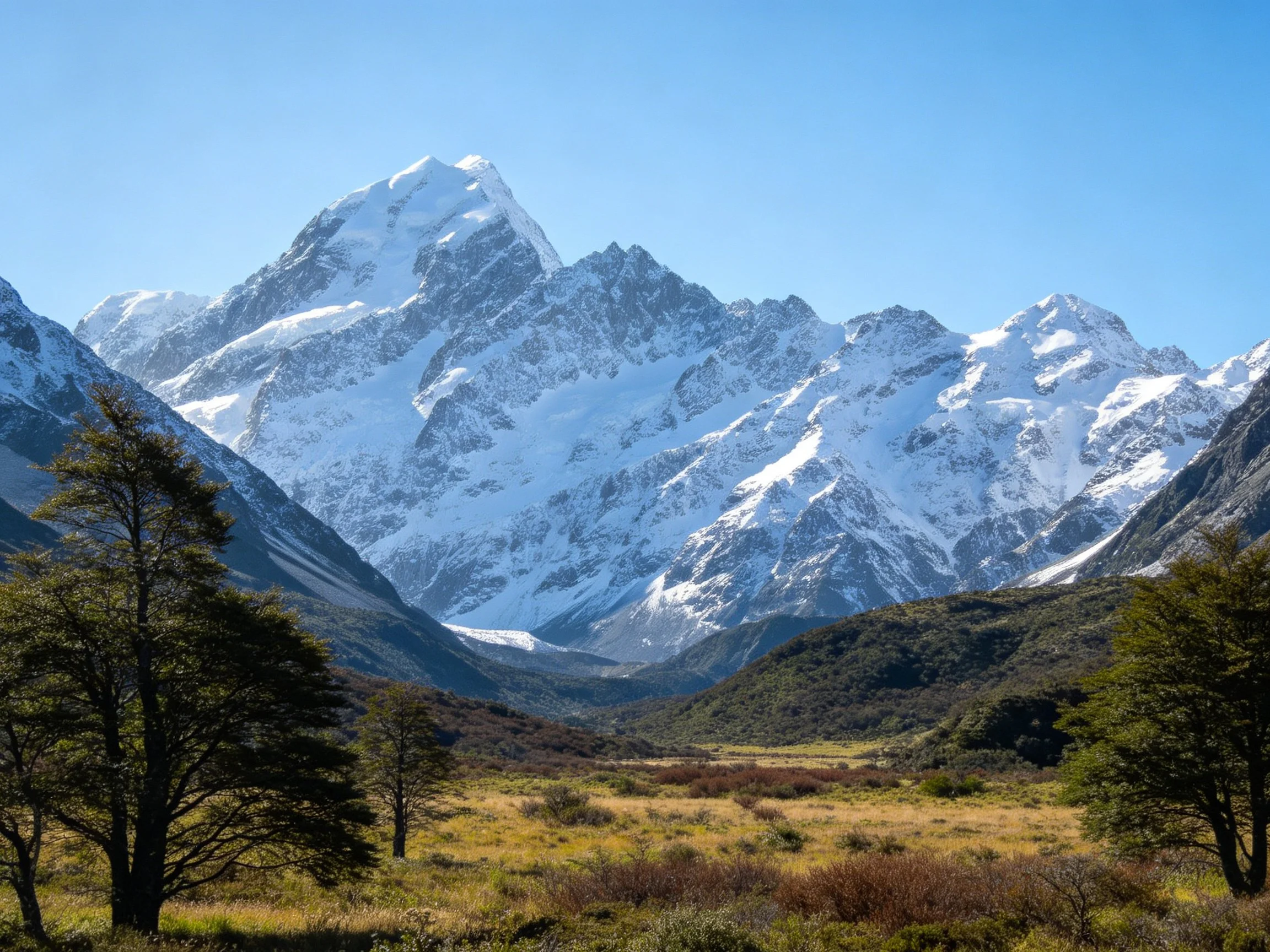 Snow - capped peaks tower over a verdant valley with scattered trees