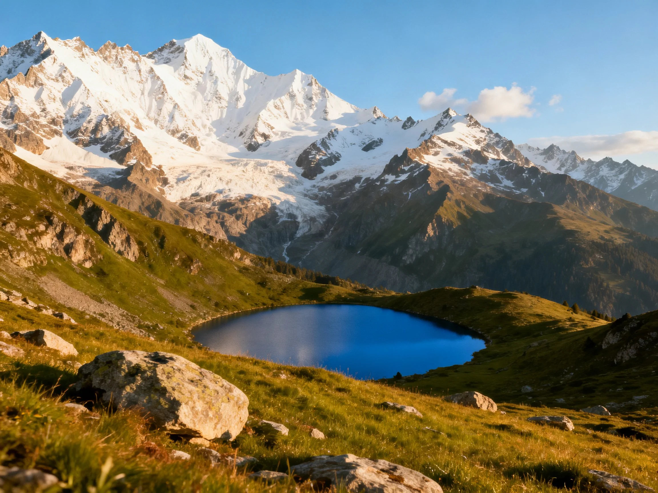Snow-capped peaks tower over a vibrant alpine lake and green meadows