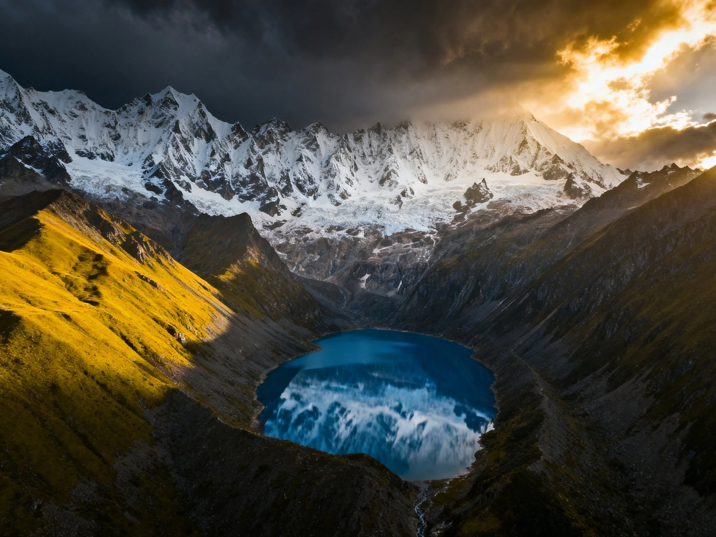 Snow-capped peaks tower over a vivid blue glacial lake