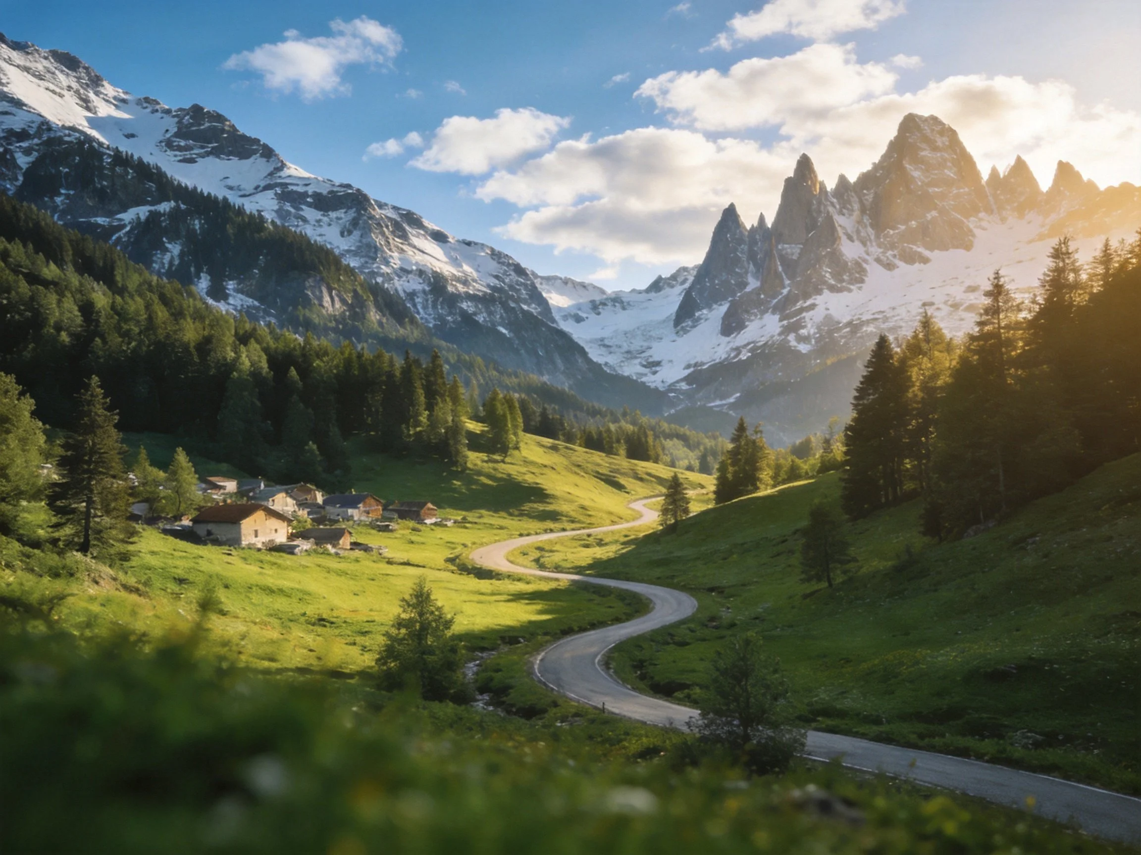 Snow-capped peaks tower over a winding mountain road and lush green valley