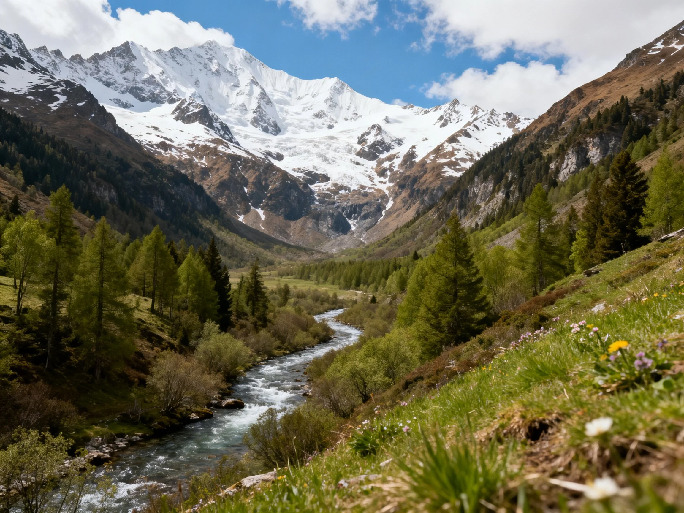 Snow-capped peaks tower over a winding river through lush valleys