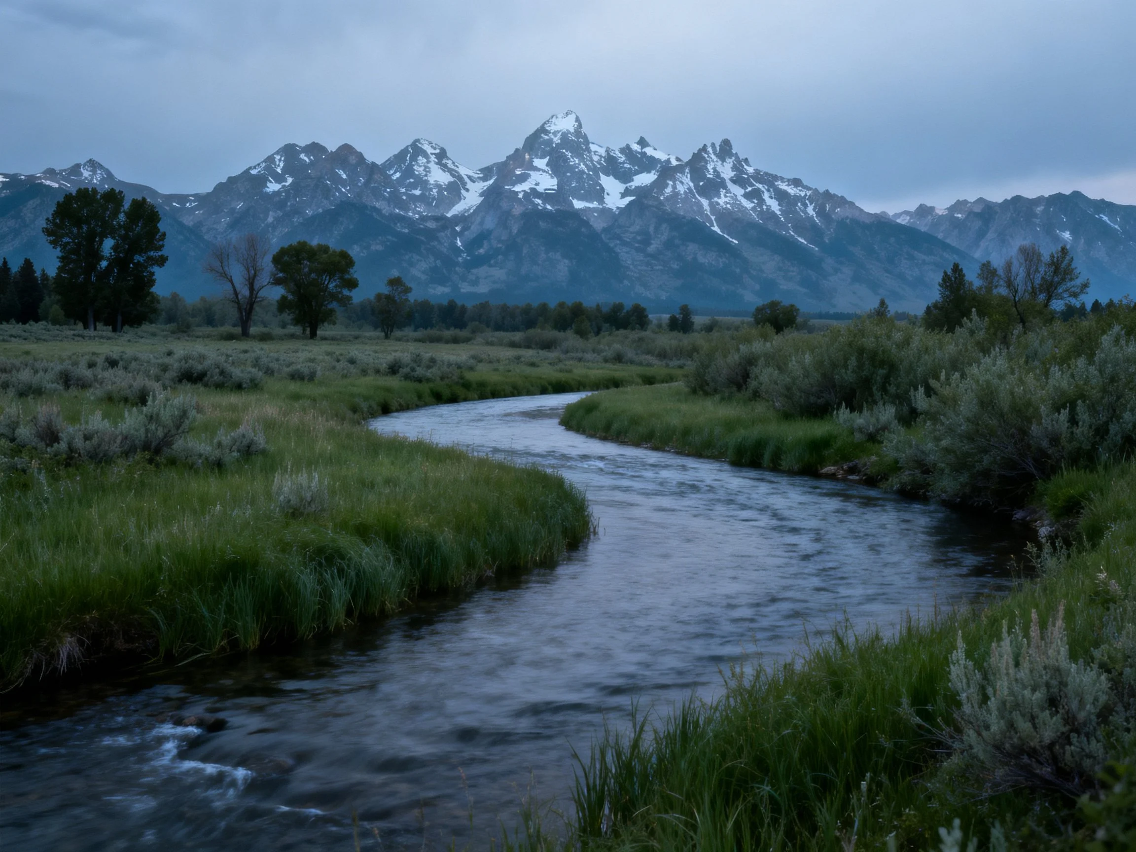 Snow-capped peaks tower over a winding river through verdant terrain