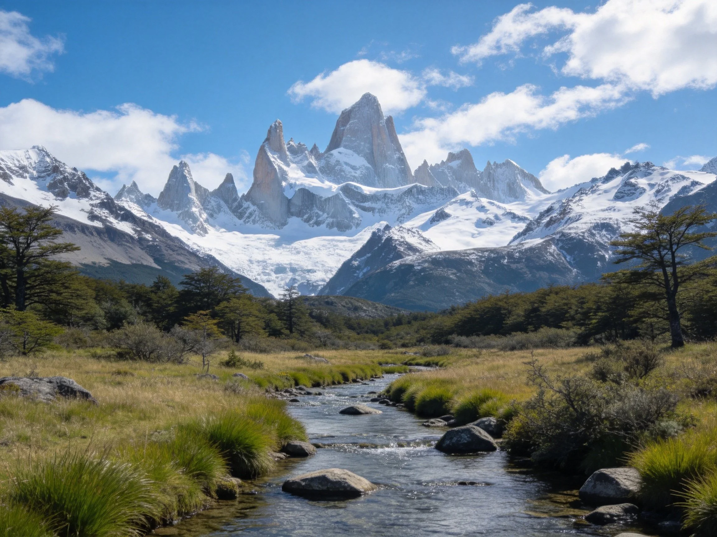 Snow-capped peaks tower over a winding stream with lush greenery