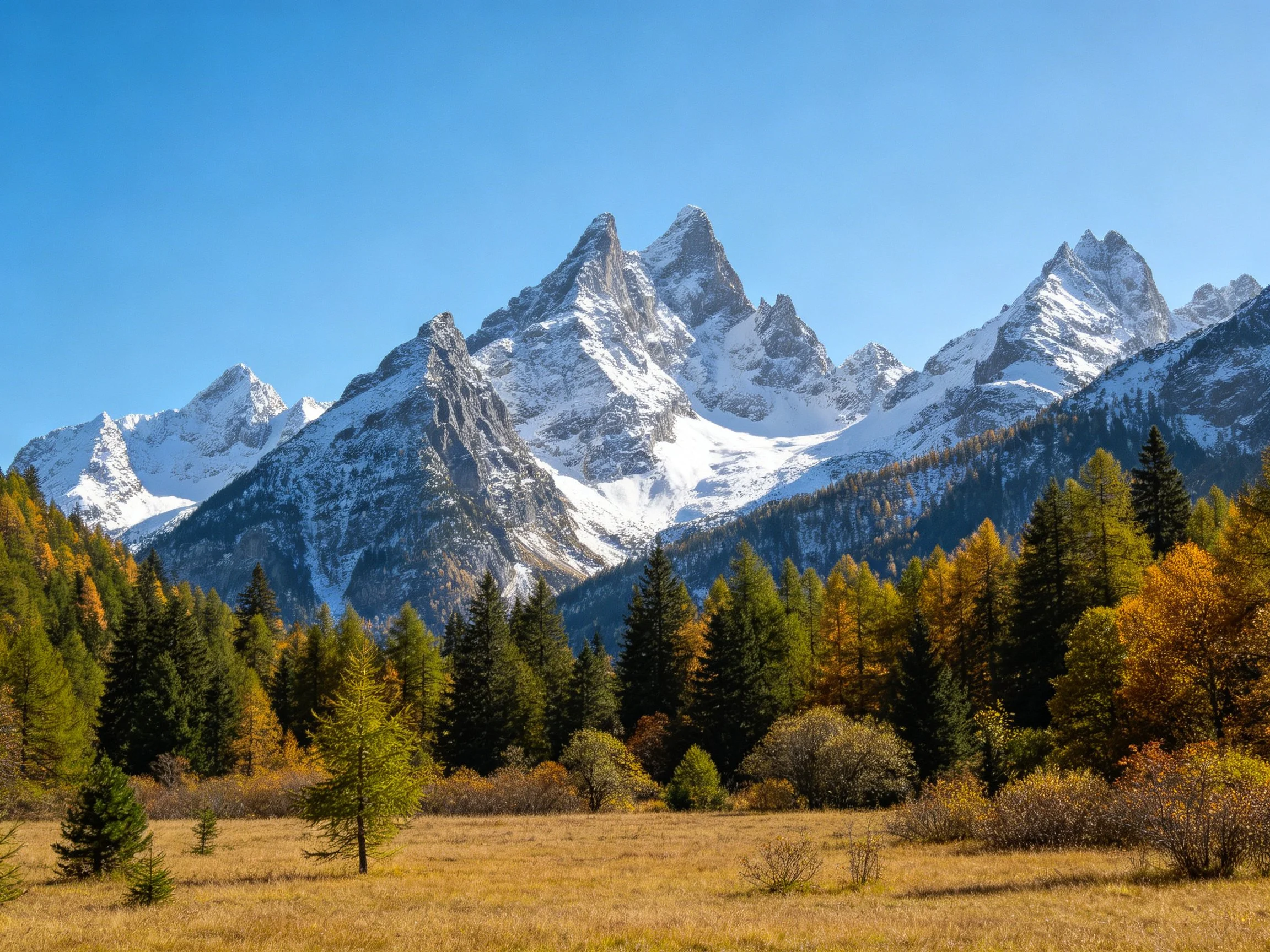 Snow-capped peaks tower over autumnal forest and golden meadow
