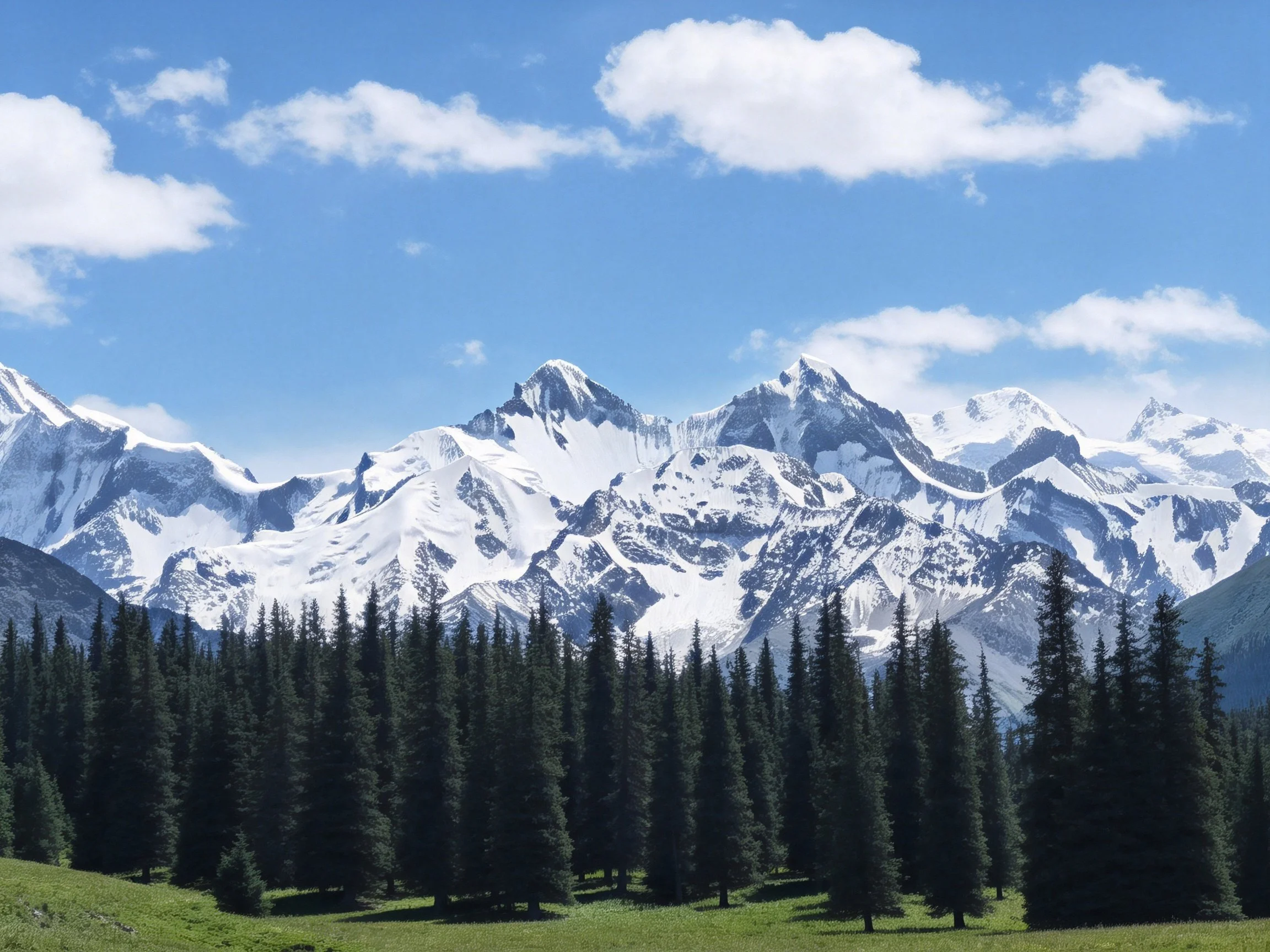 Snow-capped peaks tower over dense evergreen forest under bright blue sky