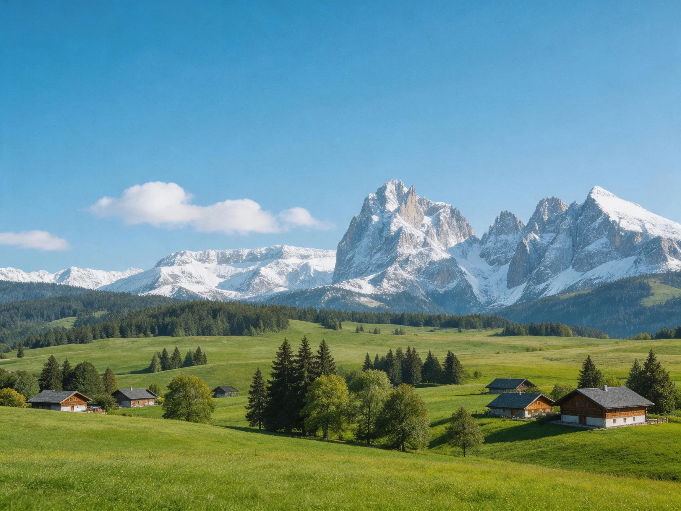 Snow-capped peaks tower over lush green meadows with wooden cabins