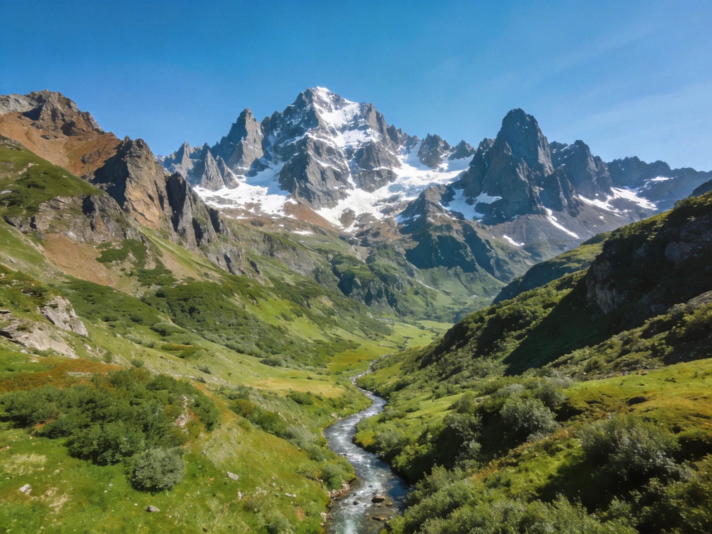 Snow-capped peaks tower over lush green valley with winding stream