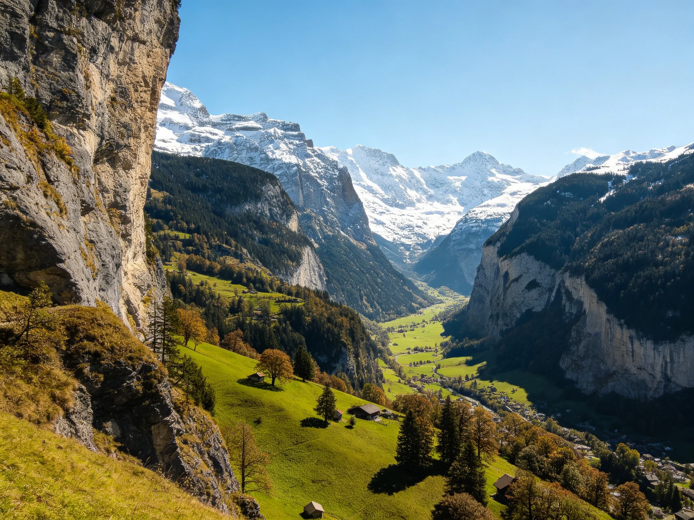 Snow-capped peaks tower over lush green valleys and rugged rocky cliffs