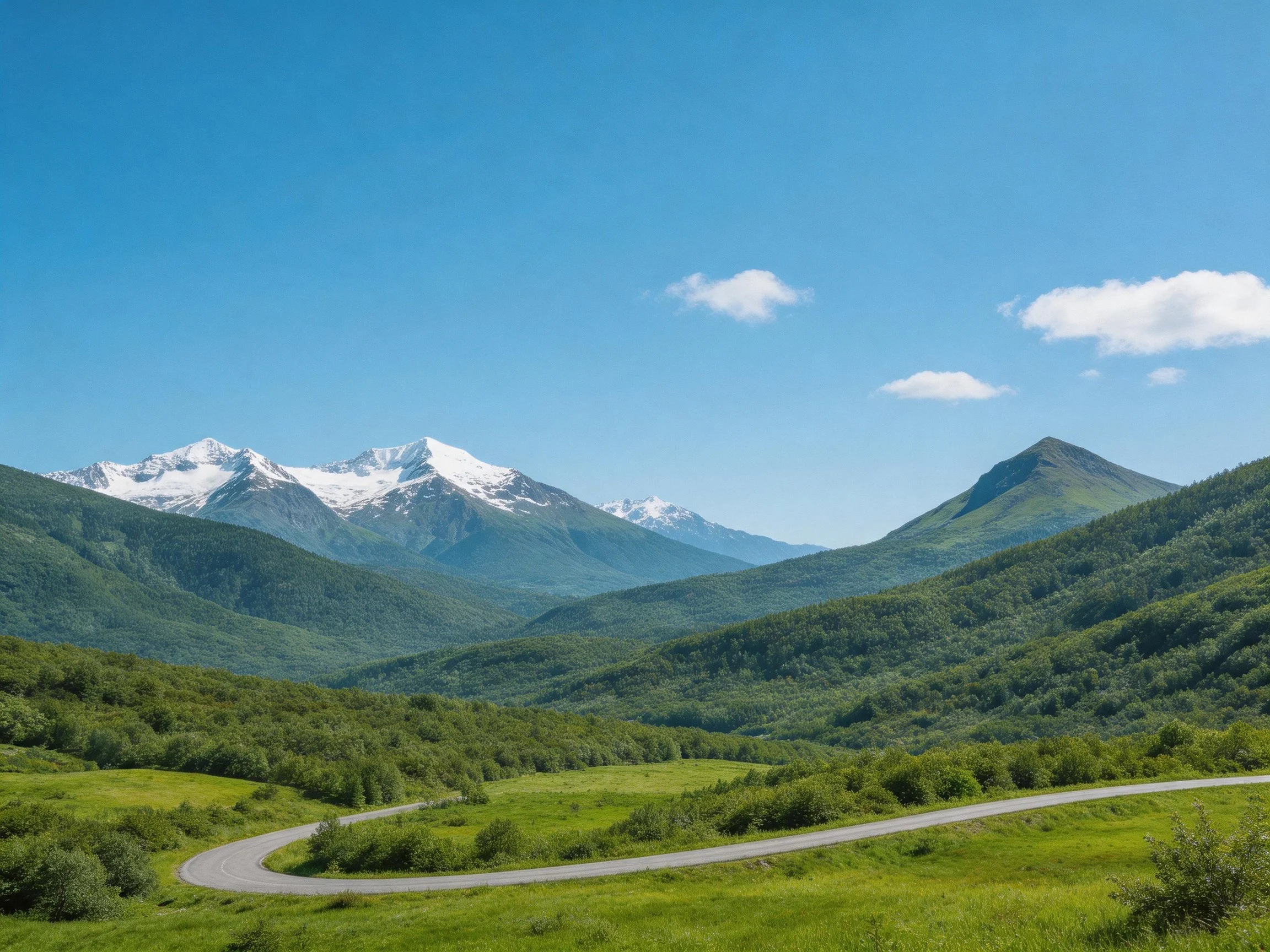 Snow-capped peaks tower over lush green valleys with a winding road