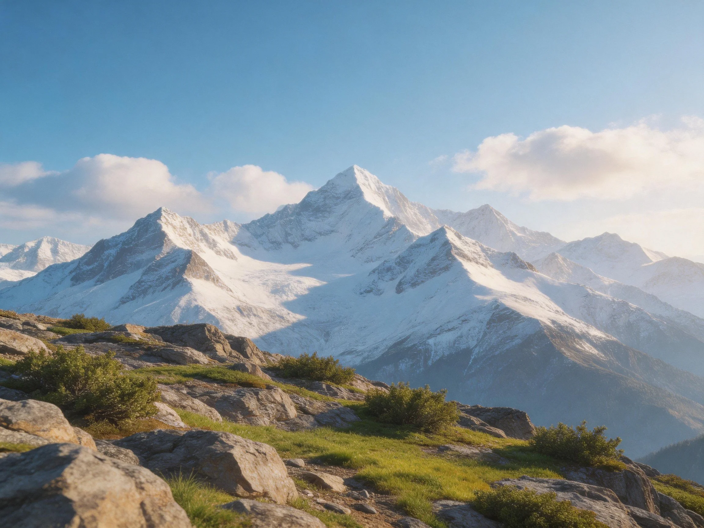 Snow-capped peaks tower over rocky slopes with green shrubs under bright sky