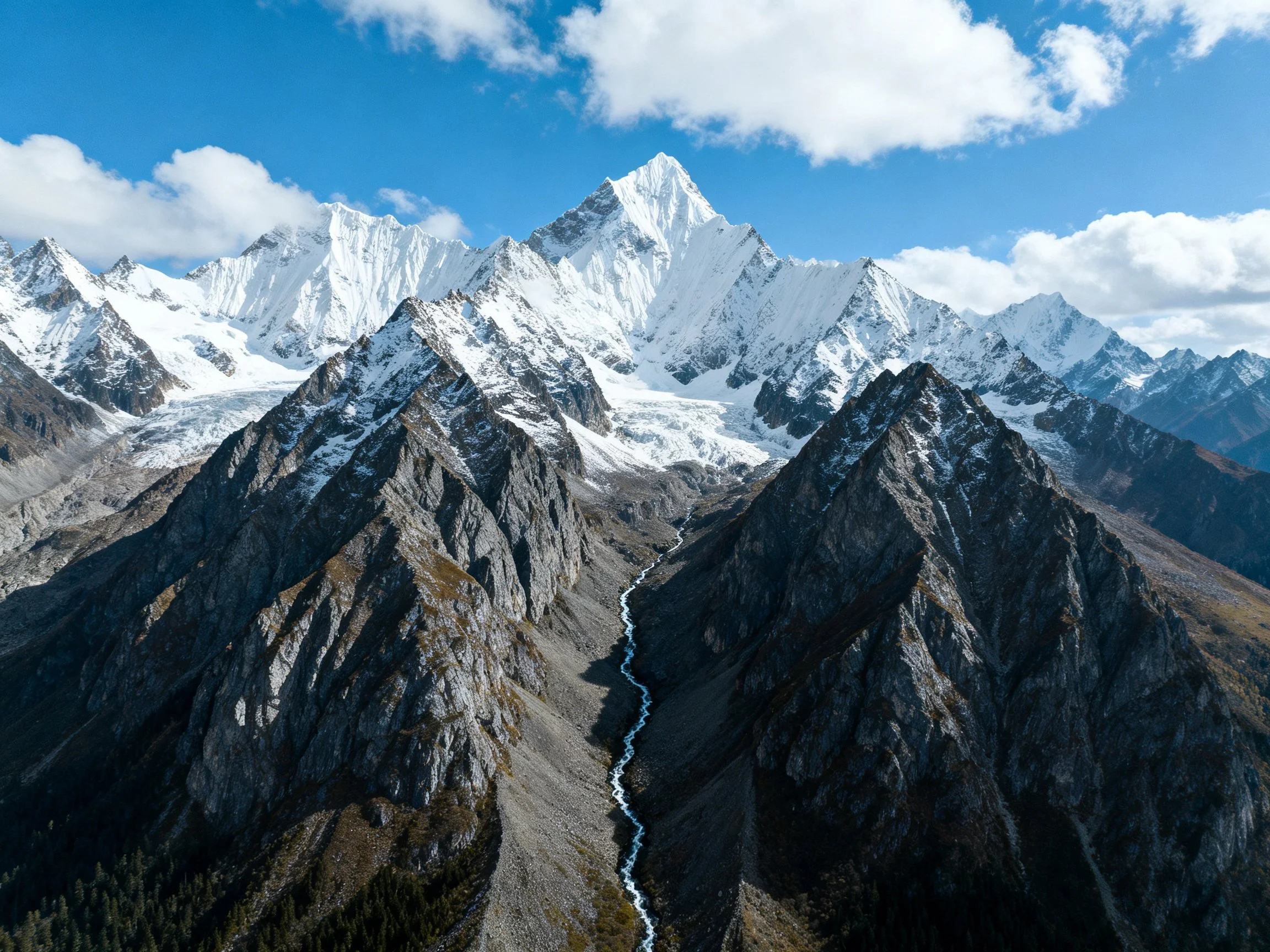 Snow - capped peaks tower over rugged rocky valleys