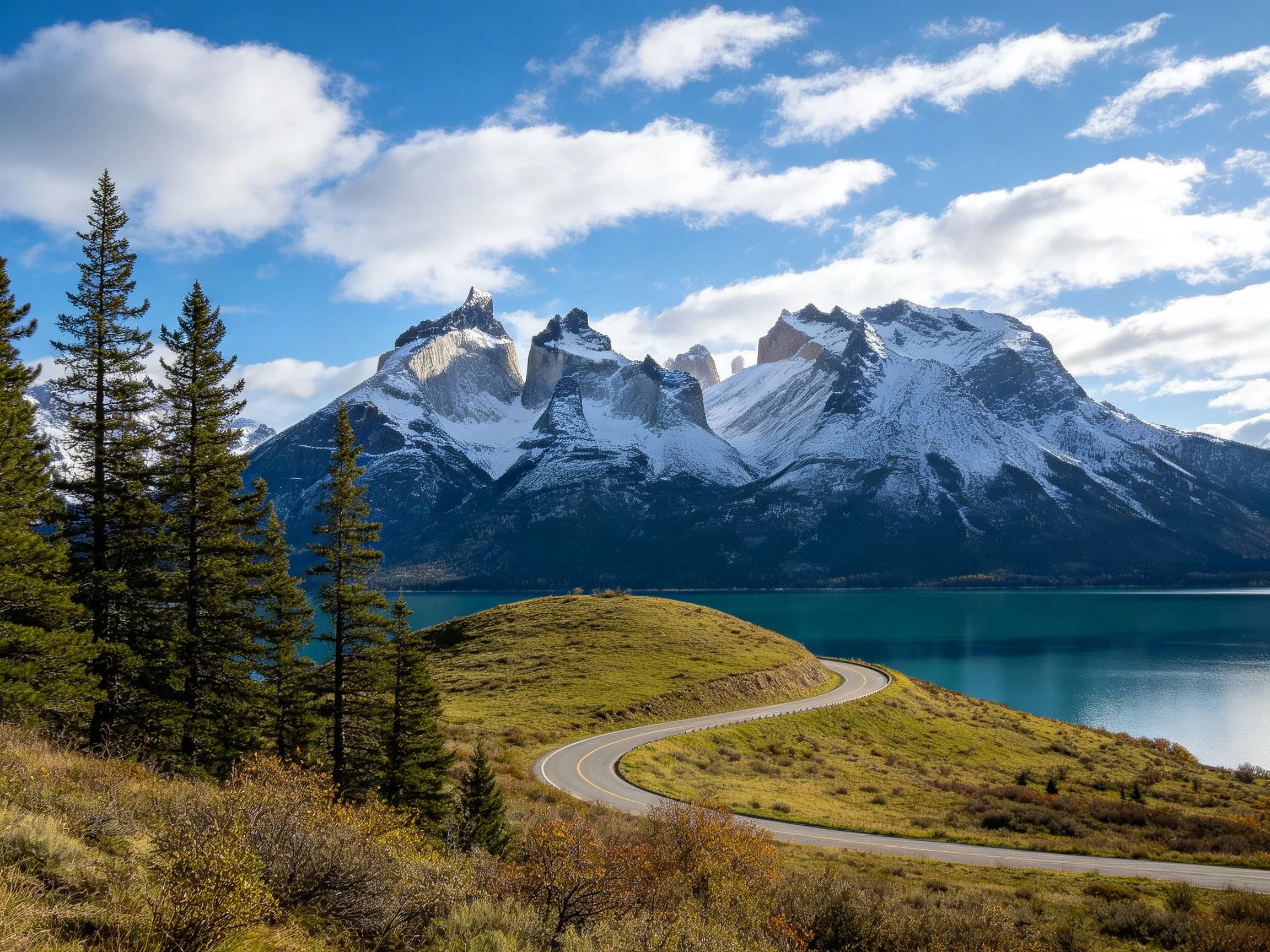 Snow-capped peaks tower over turquoise lake near winding forest road