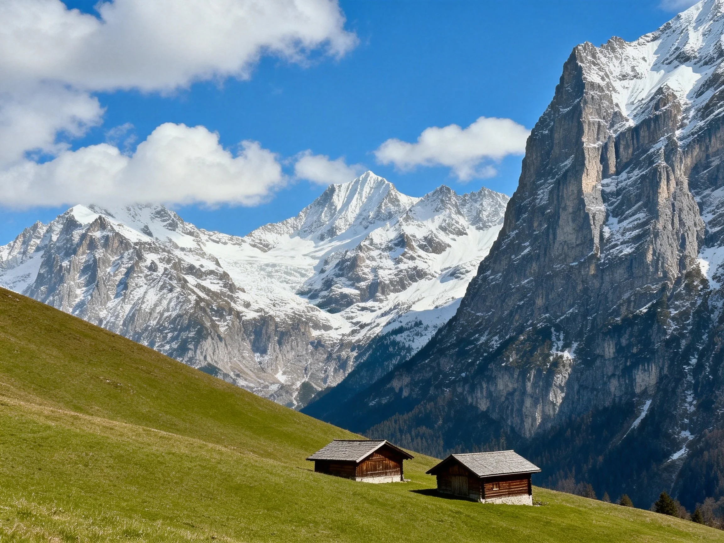 Snow - capped peaks tower over wooden cabins on a lush green hillside